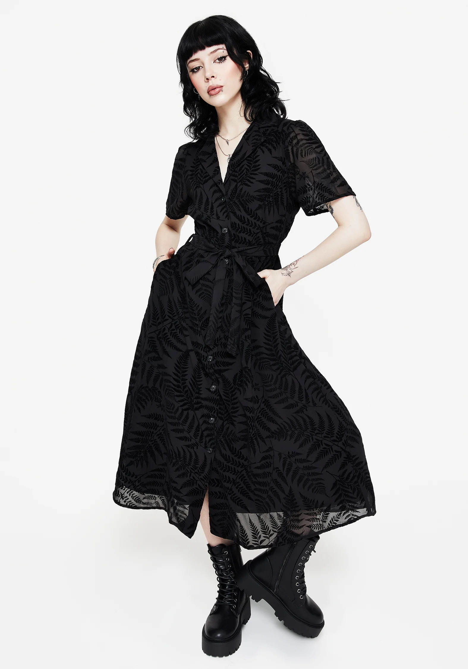 Lunafern Fern Printed Belted Midi Shirt Dress - Image 7