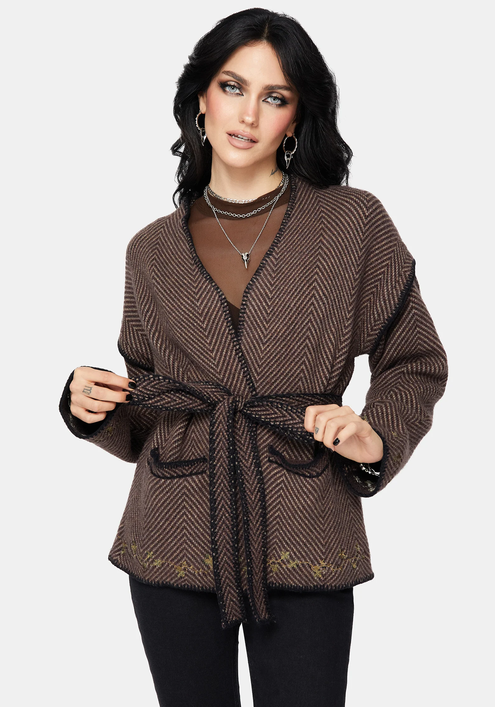 Maraea Belted Herringbone Coatigan - Image 3