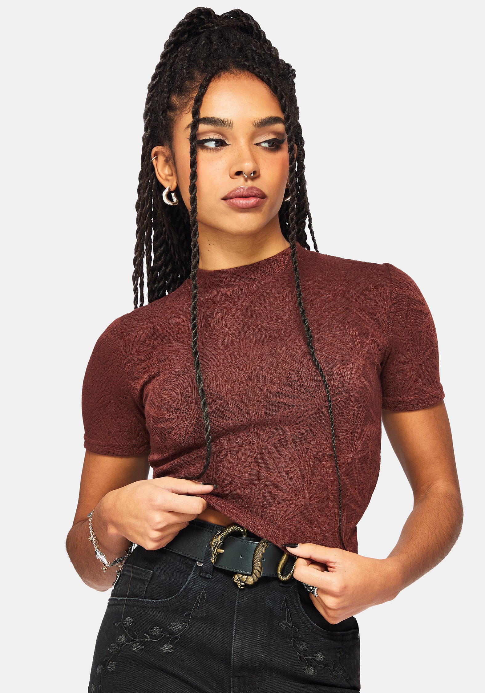 Moiren Brown Knit Short Sleeved Crop Top - Image 4