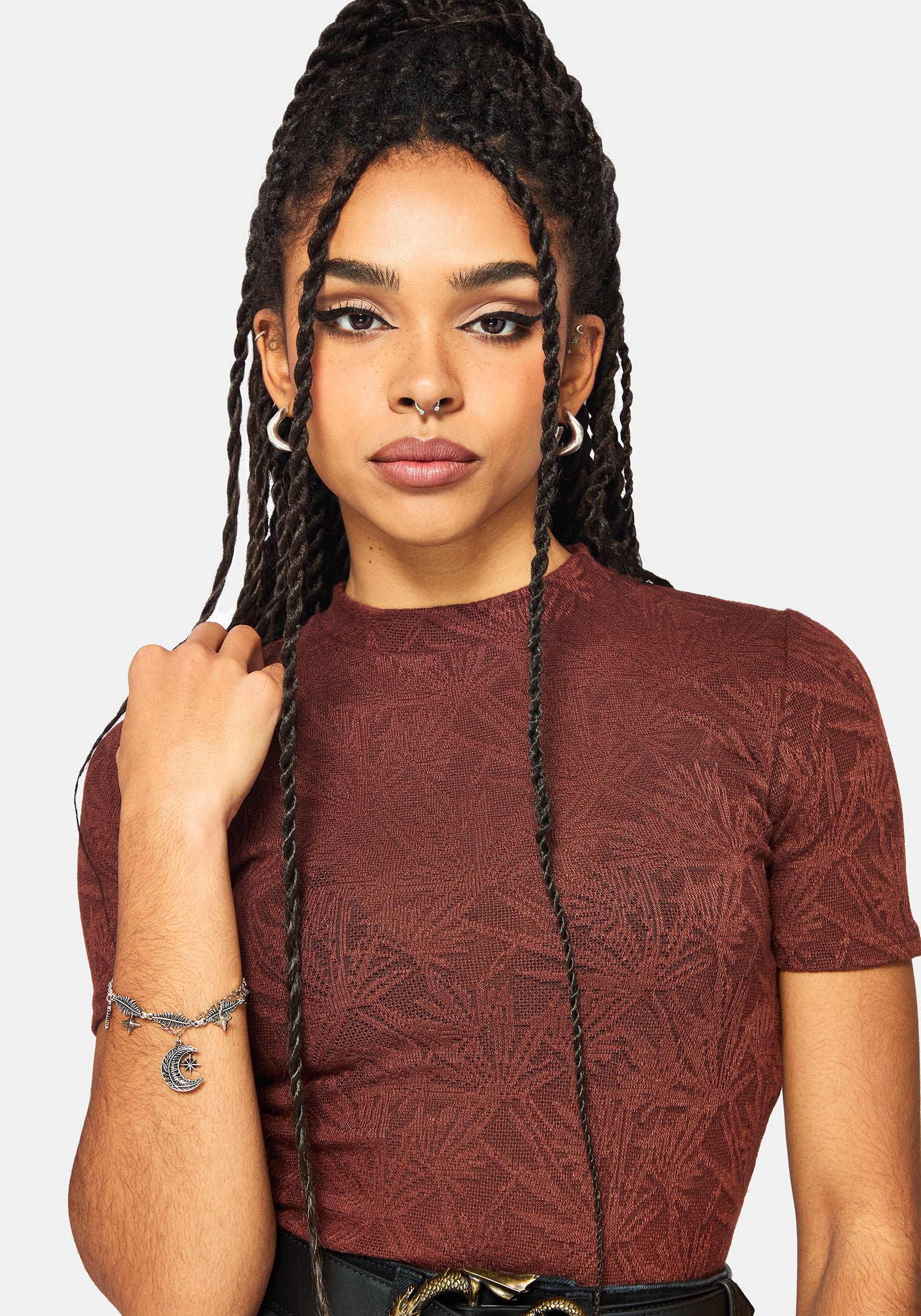 Moiren Brown Knit Short Sleeved Crop Top - Image 5