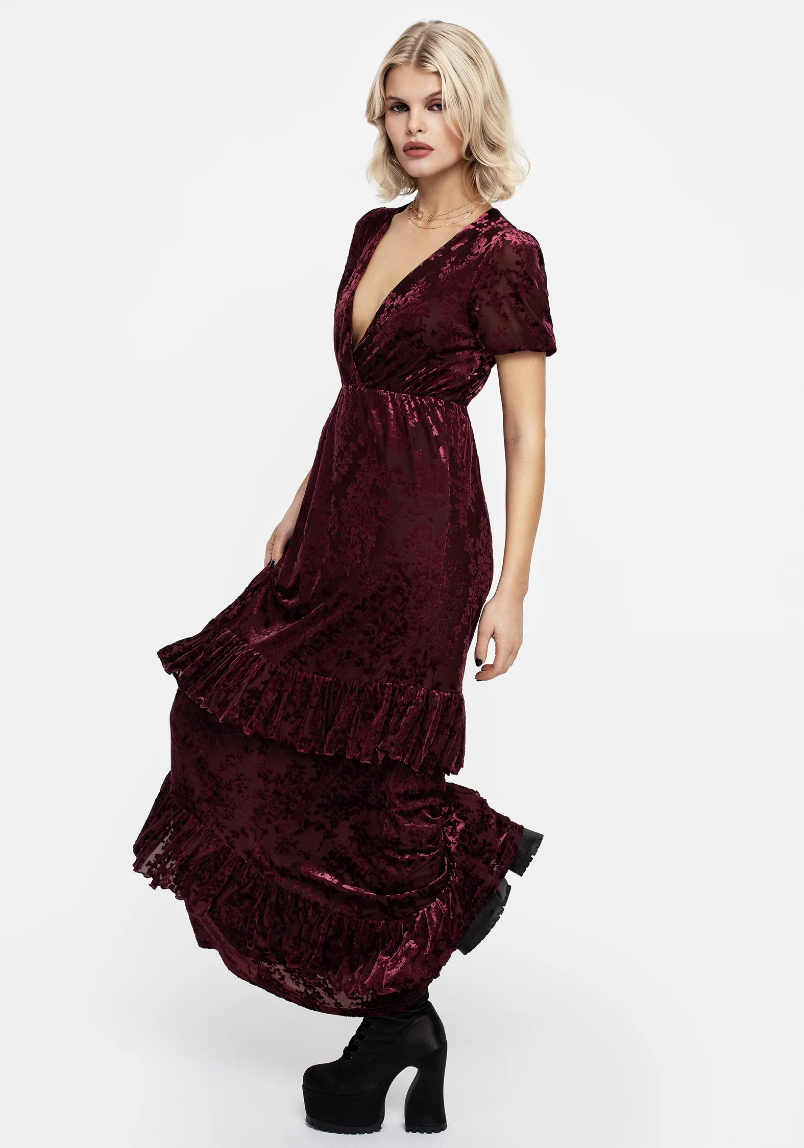 Monotropa Floral Flocked Velour Frill Midaxi Dress - Image 4
