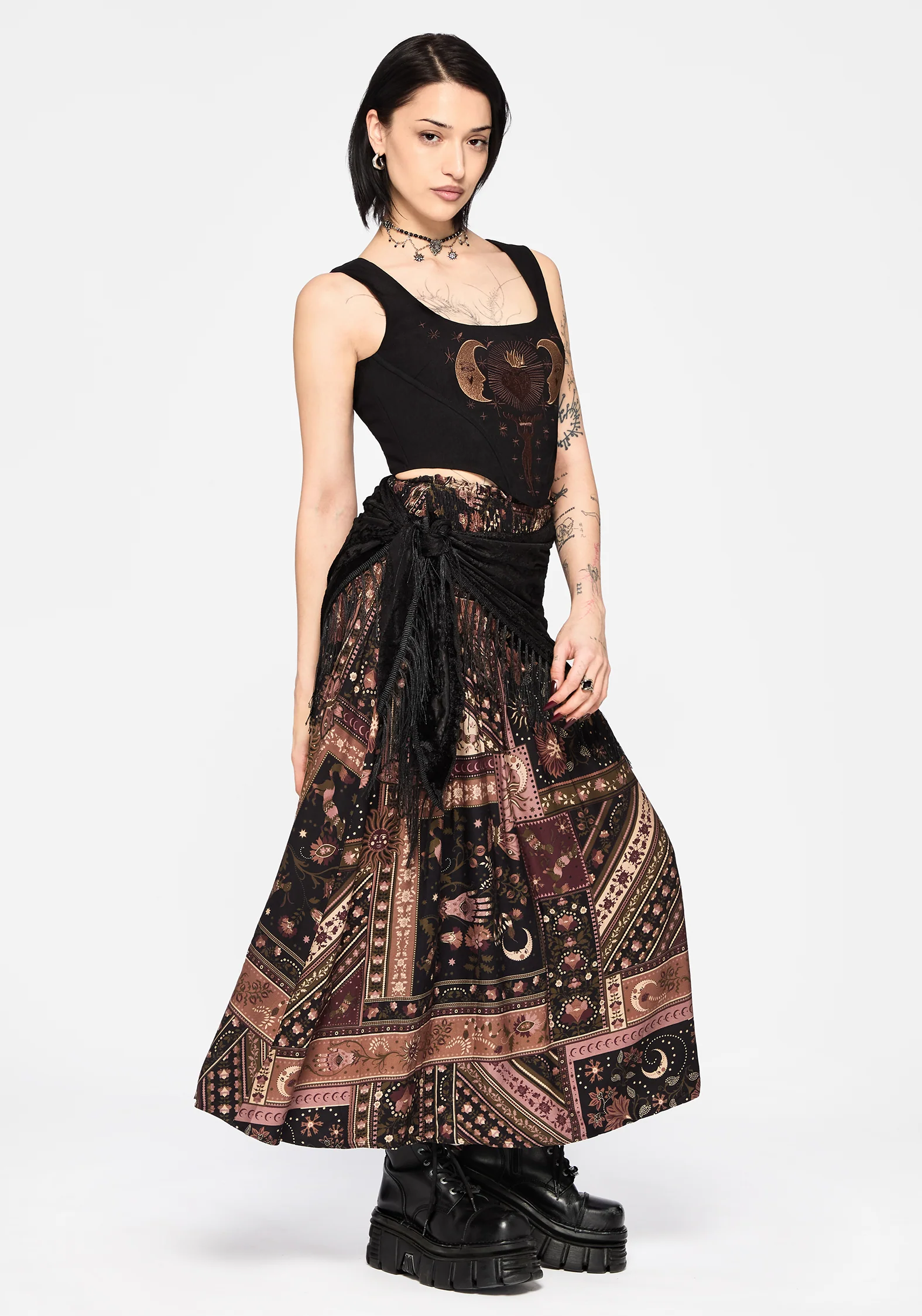 Nola Folk Patchwork Print Shirred Midi Skirt - Image 2
