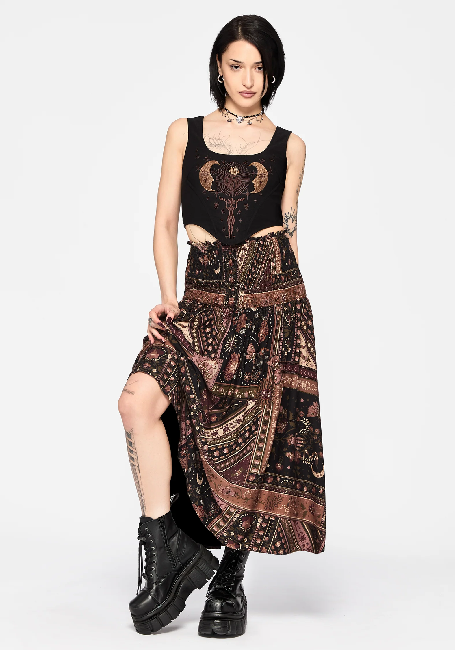 Nola Folk Patchwork Print Shirred Midi Skirt - Image 5