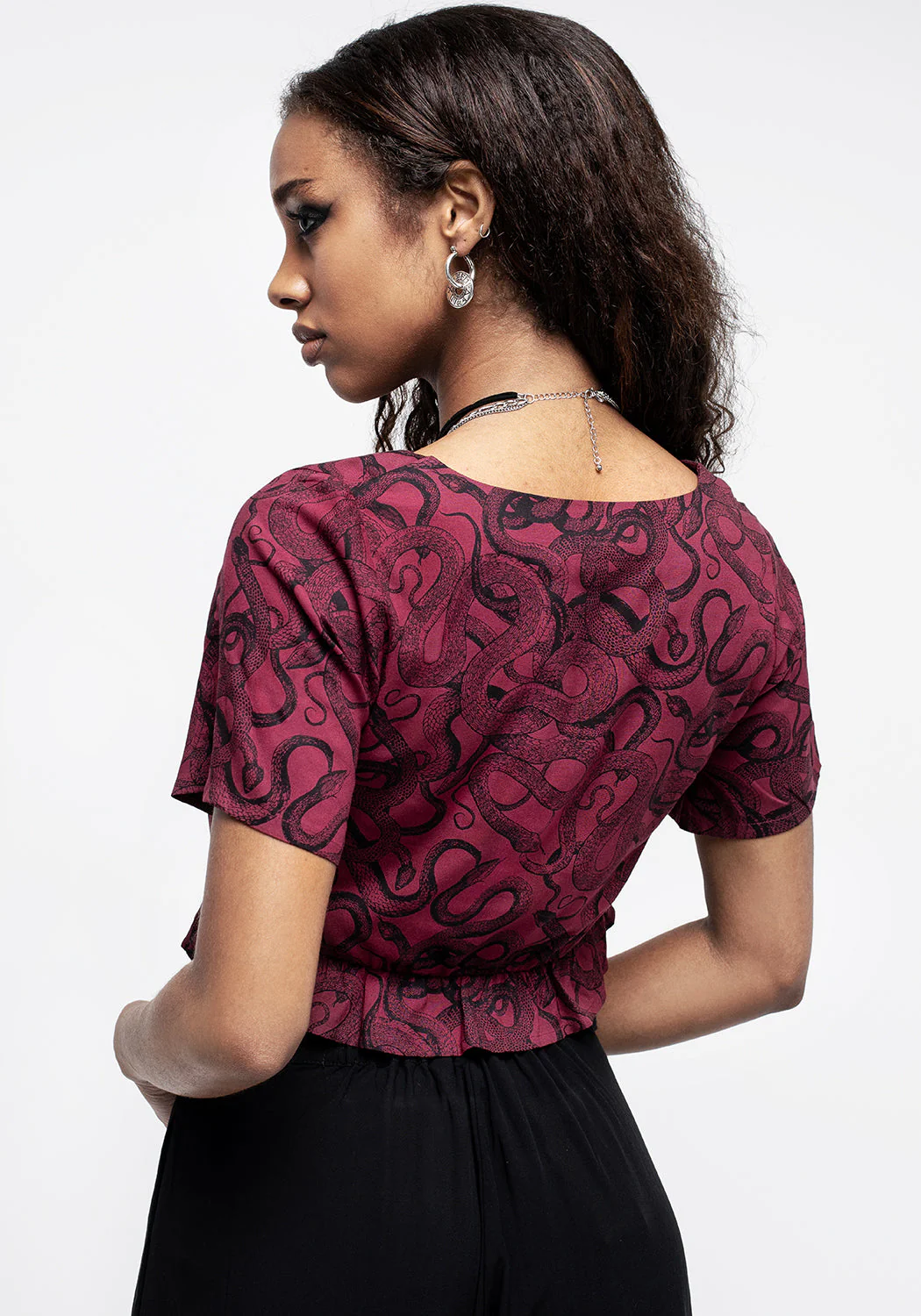Ophidia Snakes Print Tie Detail Crop Top - Red - Image 3