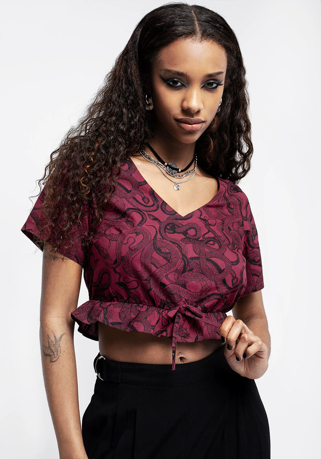 Ophidia Snakes Print Tie Detail Crop Top - Red - Image 5