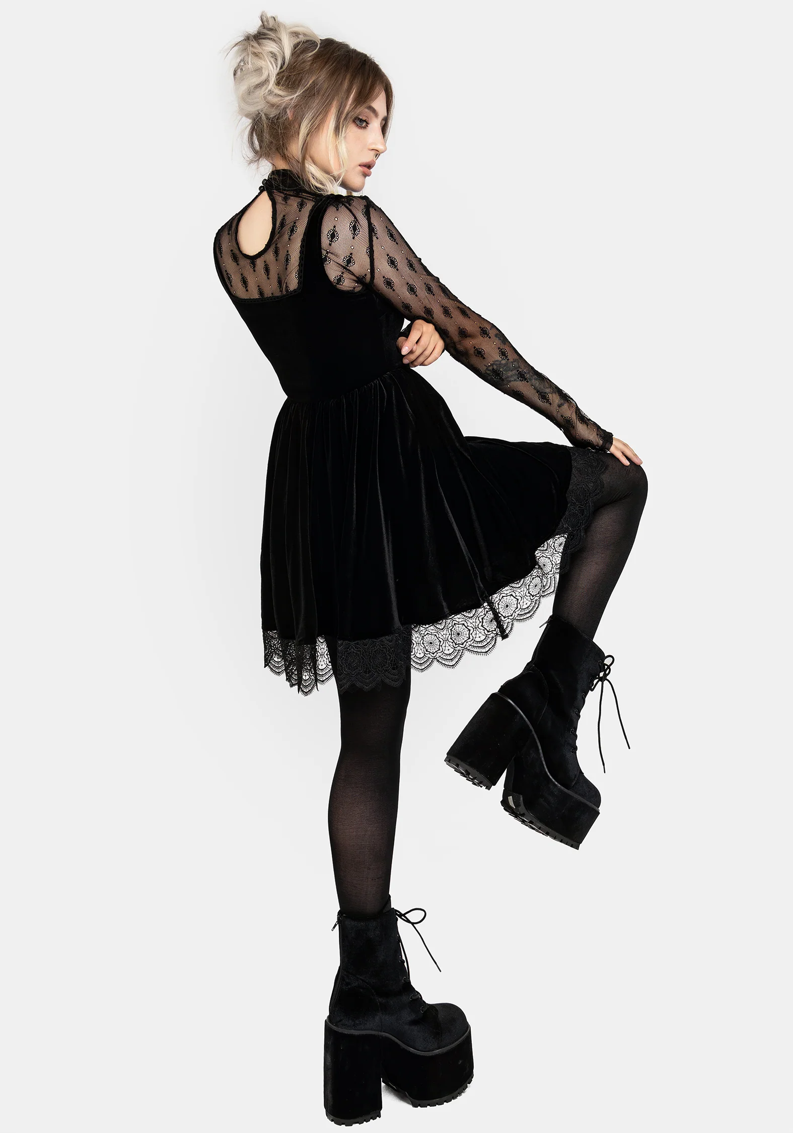 Orbweb Lace Hem Velour Mini Dress - Image 8