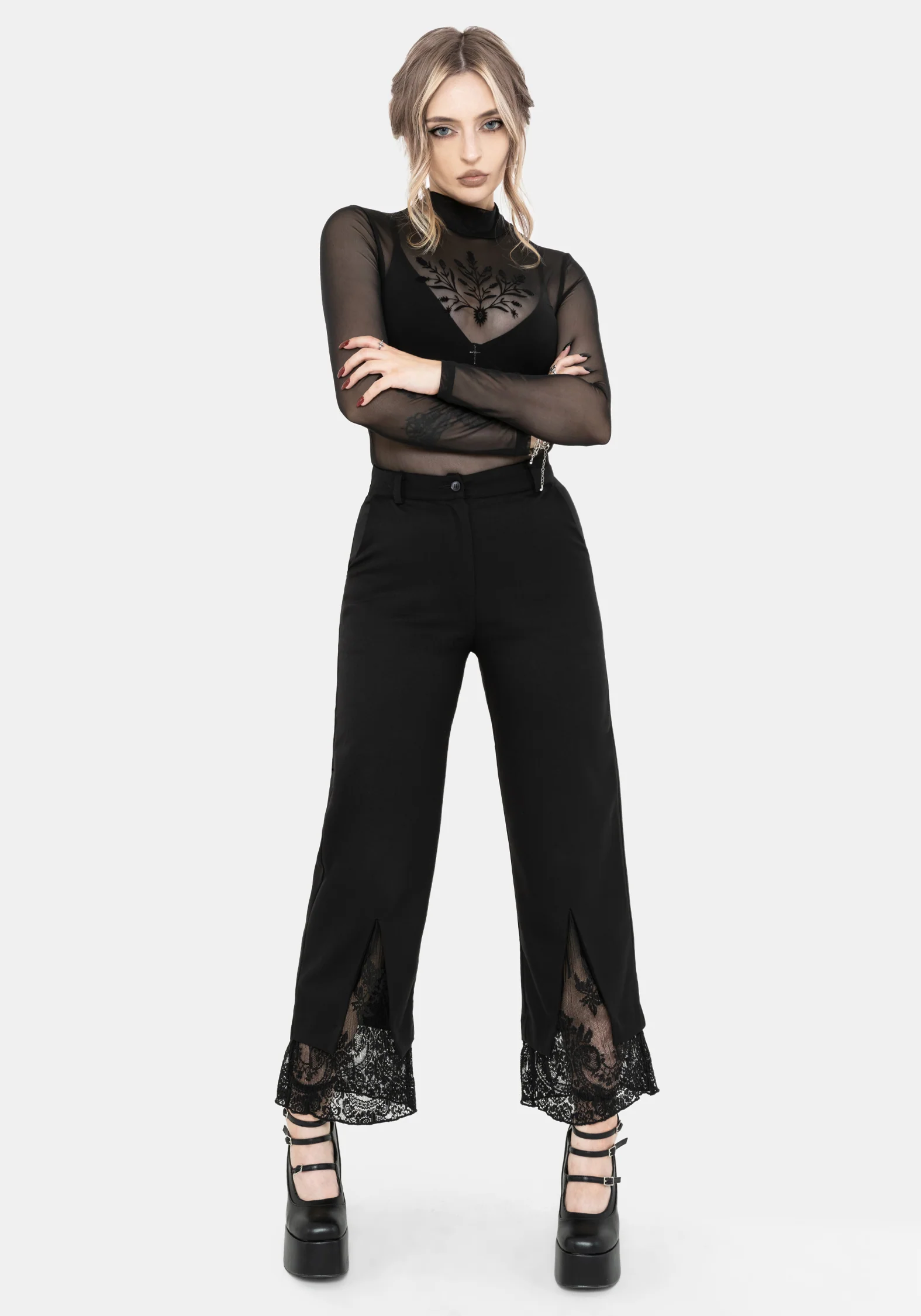 Orchid Lace Insert Pleated Hem Straight Leg Trouser - Image 5