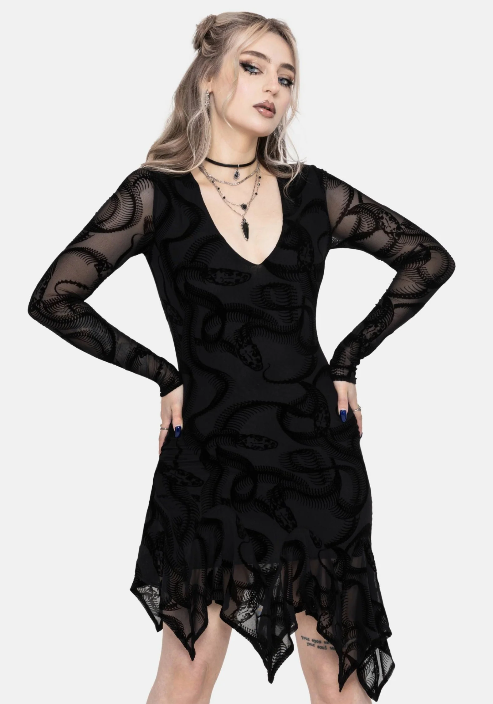 Paleo Flocked Mesh Skeletal Snake Asymmetric Hanky Hem Mini Dress - Image 7