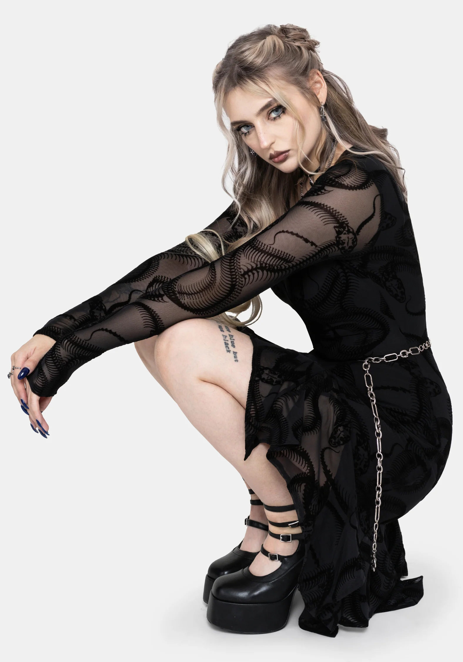 Paleo Flocked Mesh Skeletal Snake Asymmetric Hanky Hem Mini Dress - Image 8