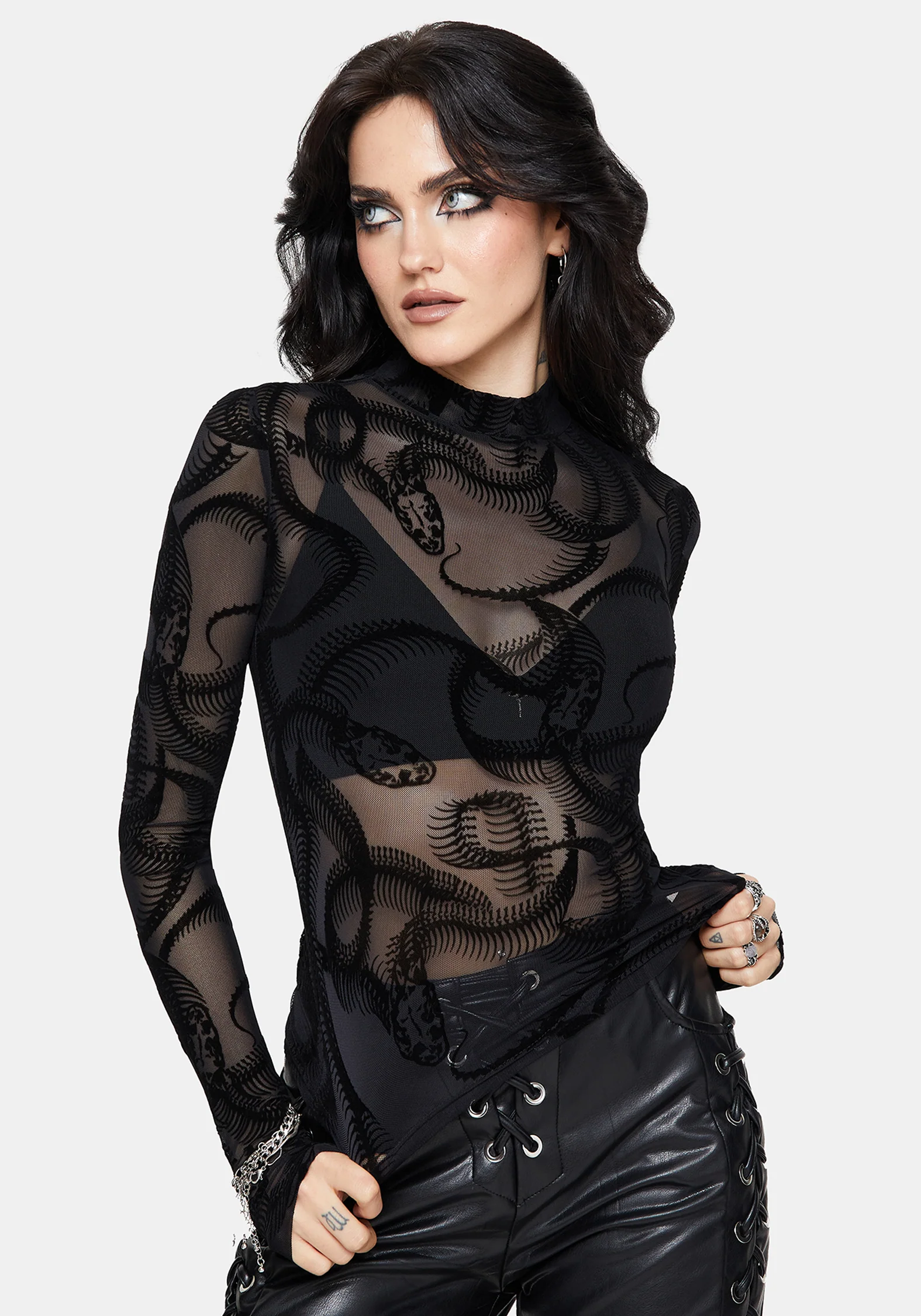 Paleo Flocked Mesh Skeletal Snake Long Sleeve Top - Image 4