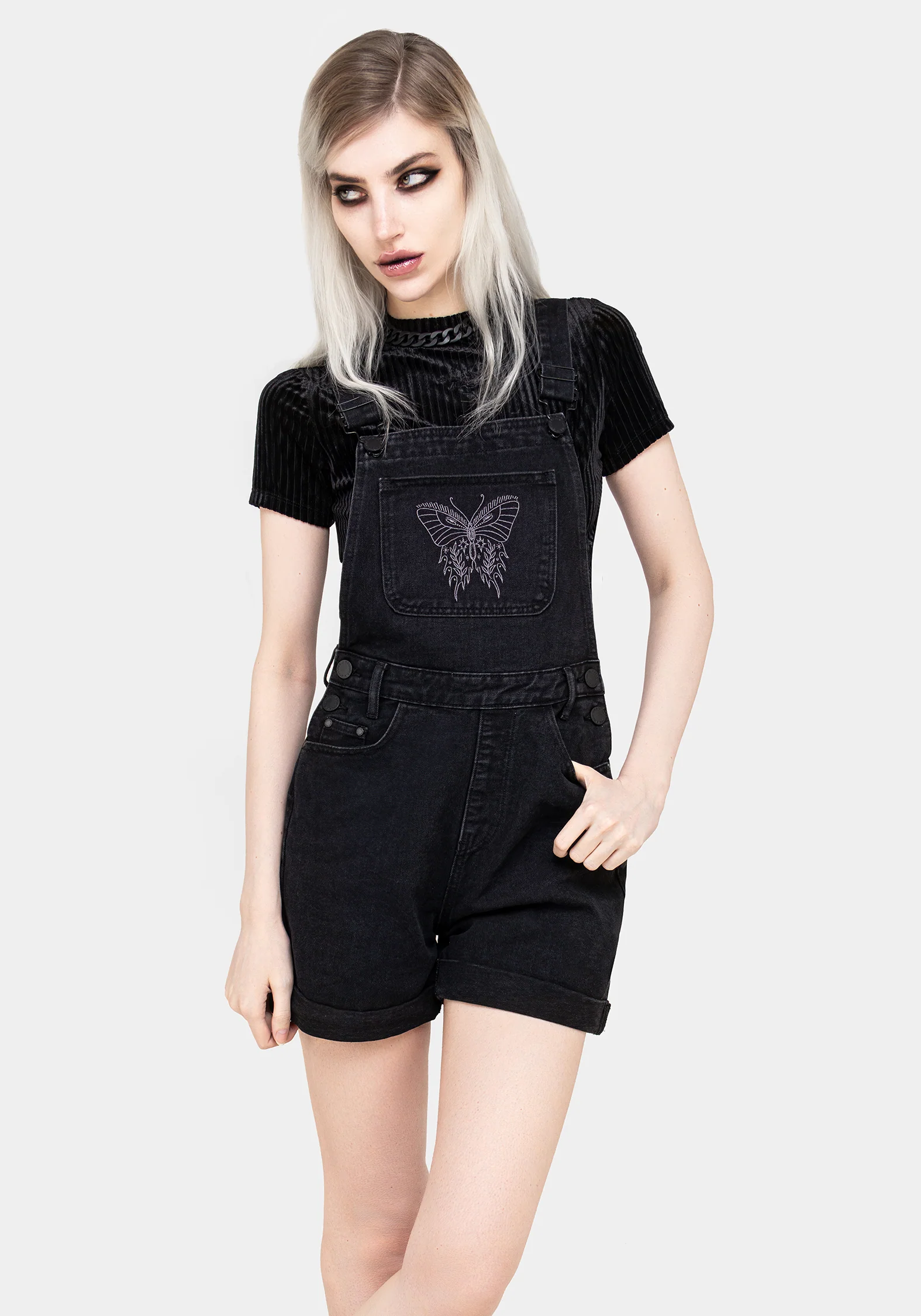 Papillion Embroidered Denim Dungaree Shorts - Image 8