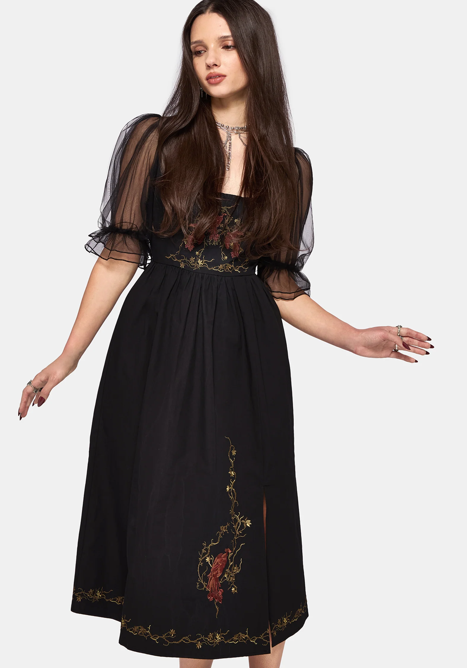 Phoenix Cotton Embroidered Puff Sleeve Midi Dress - Image 4