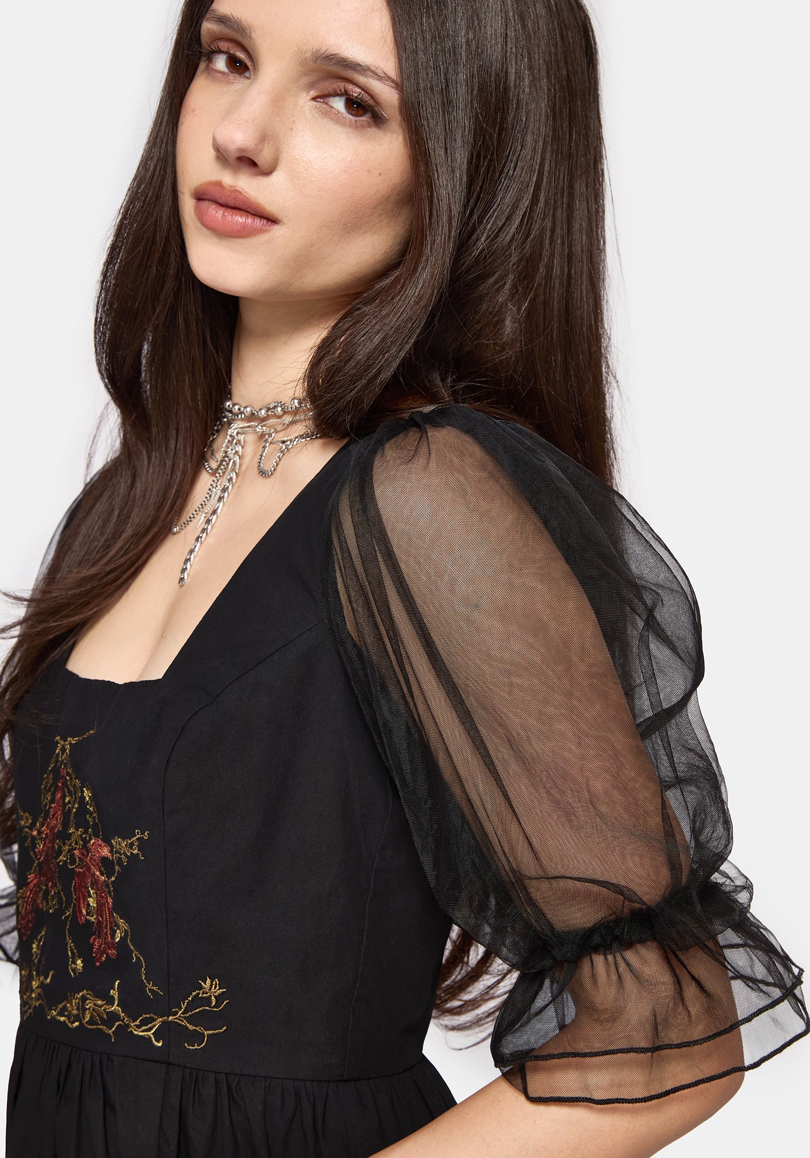 Phoenix Cotton Embroidered Puff Sleeve Midi Dress - Image 5