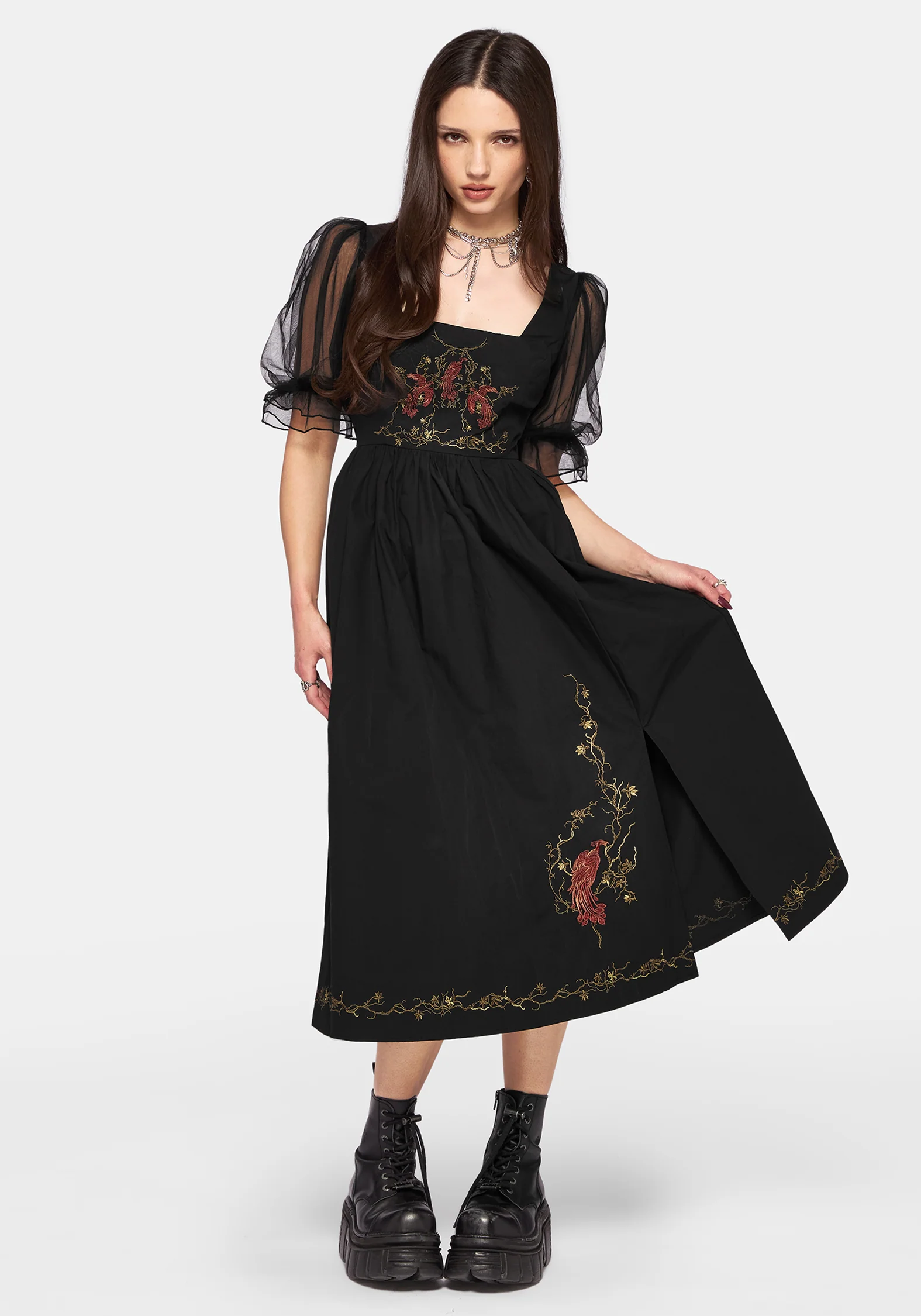 Phoenix Cotton Embroidered Puff Sleeve Midi Dress - Image 6