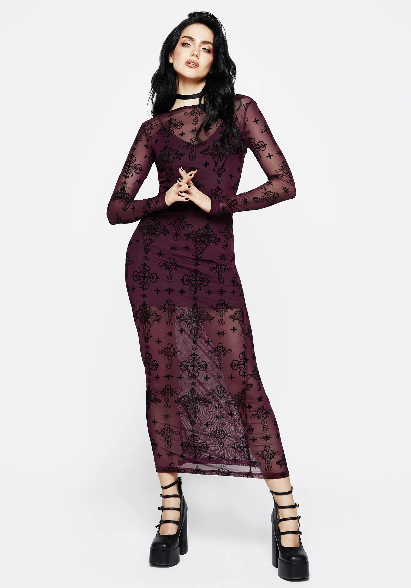 Priestess Flocked Mesh Maxi Dress - Purple - Image 4
