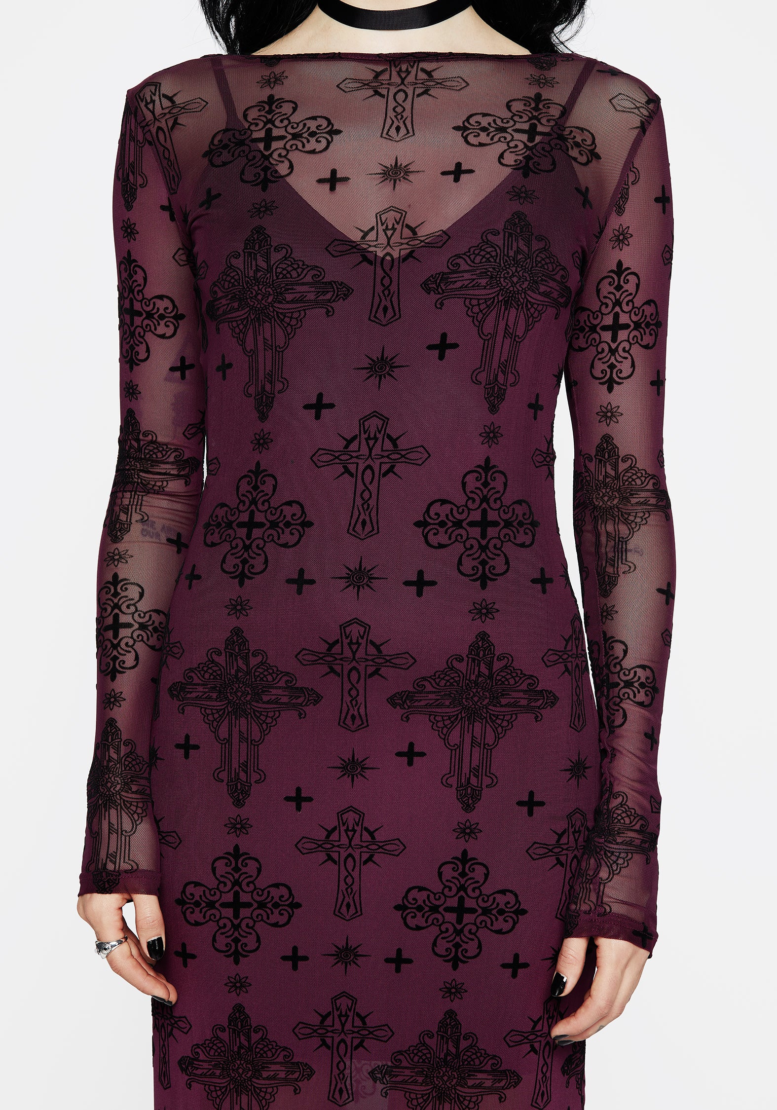 Priestess Flocked Mesh Maxi Dress - Purple - Image 6