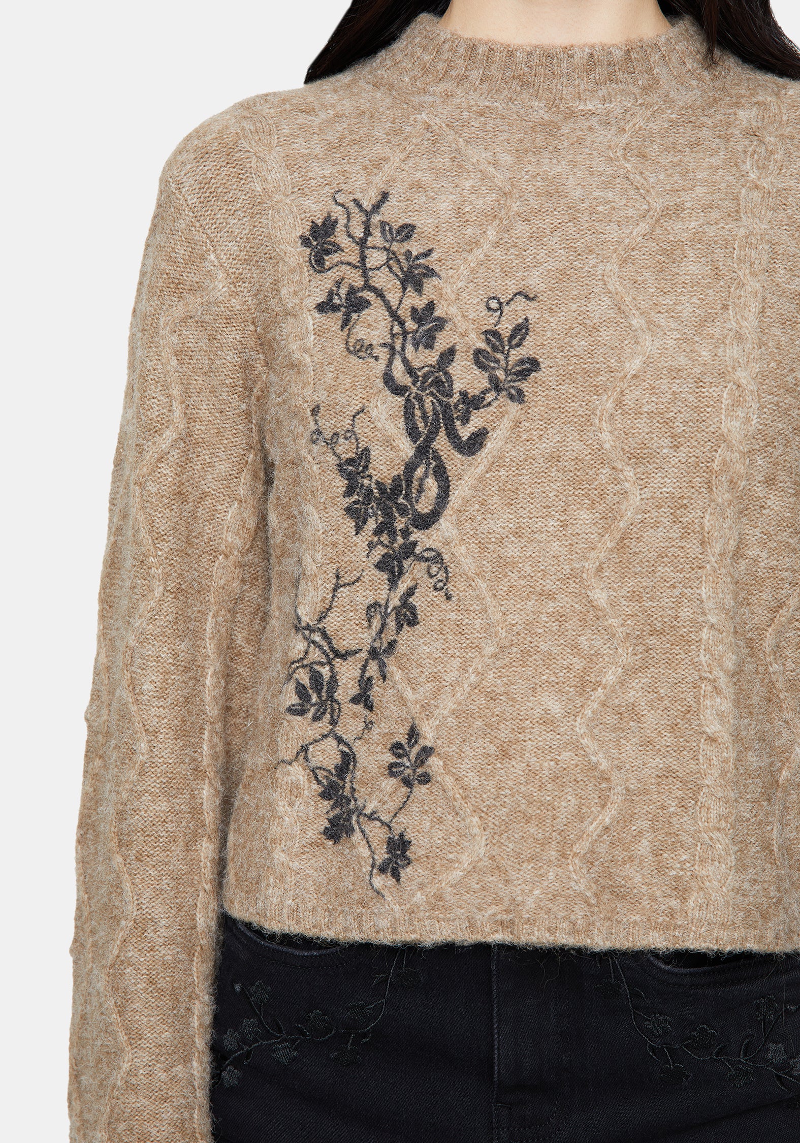 Ravelle Cotton Floral Printed Flare Cable Knit Sweater - Image 2