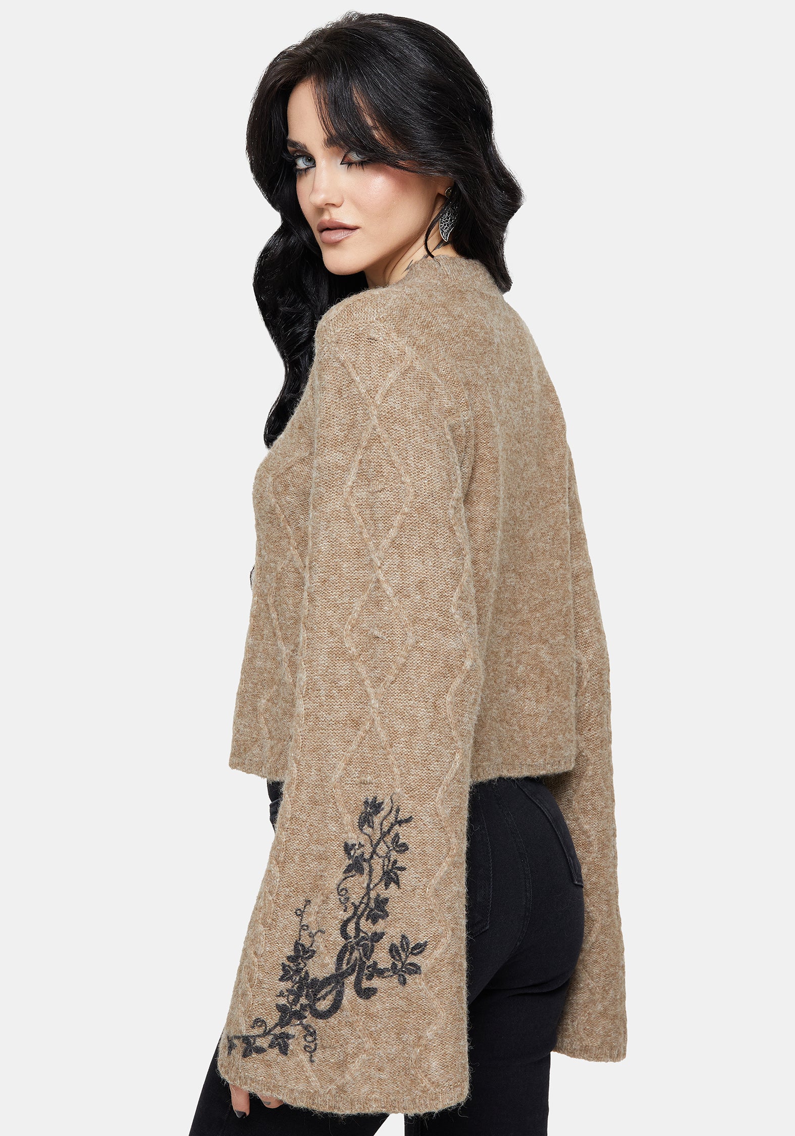 Ravelle Cotton Floral Printed Flare Cable Knit Sweater - Image 3