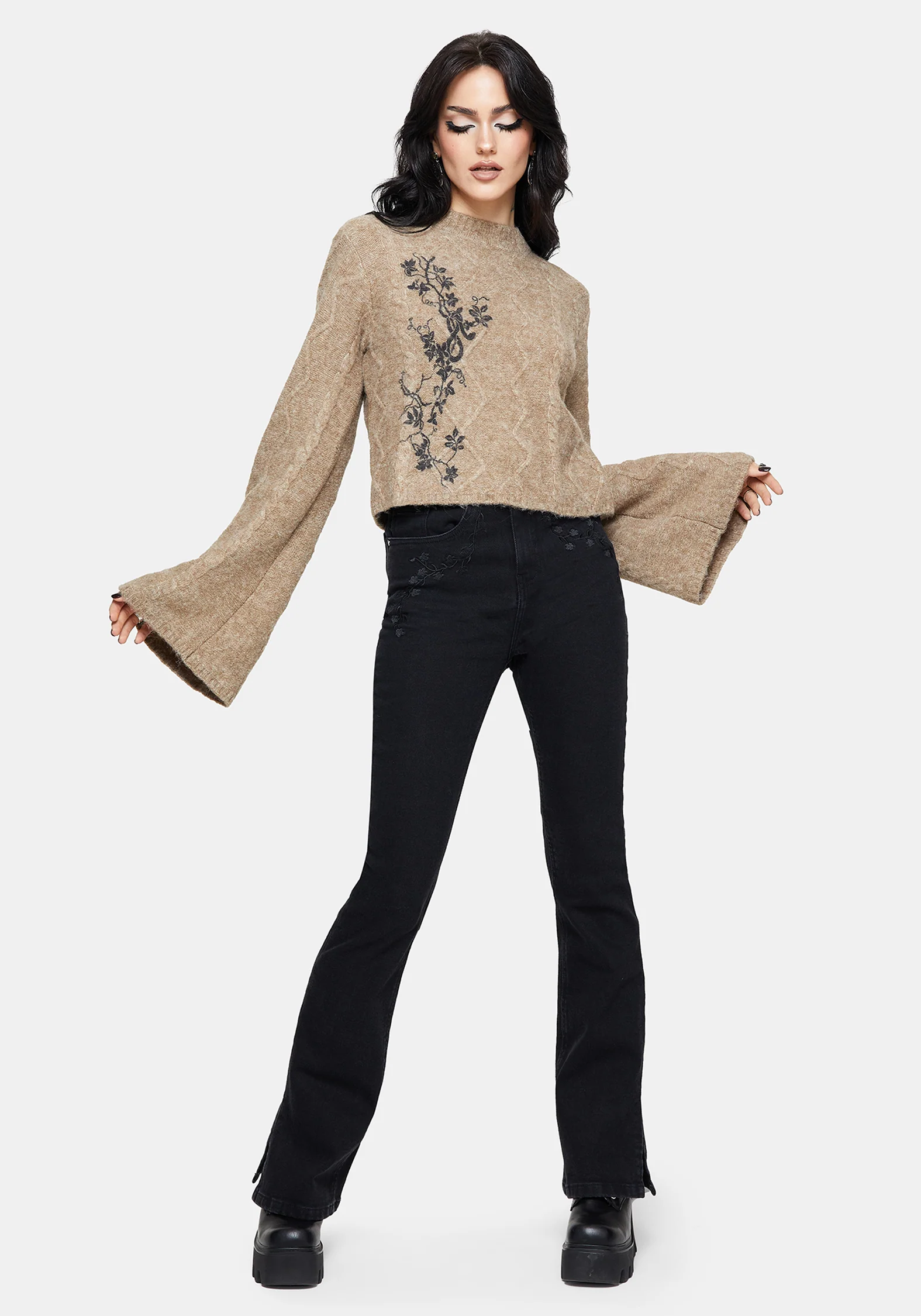 Ravelle Cotton Floral Printed Flare Cable Knit Sweater - Image 6