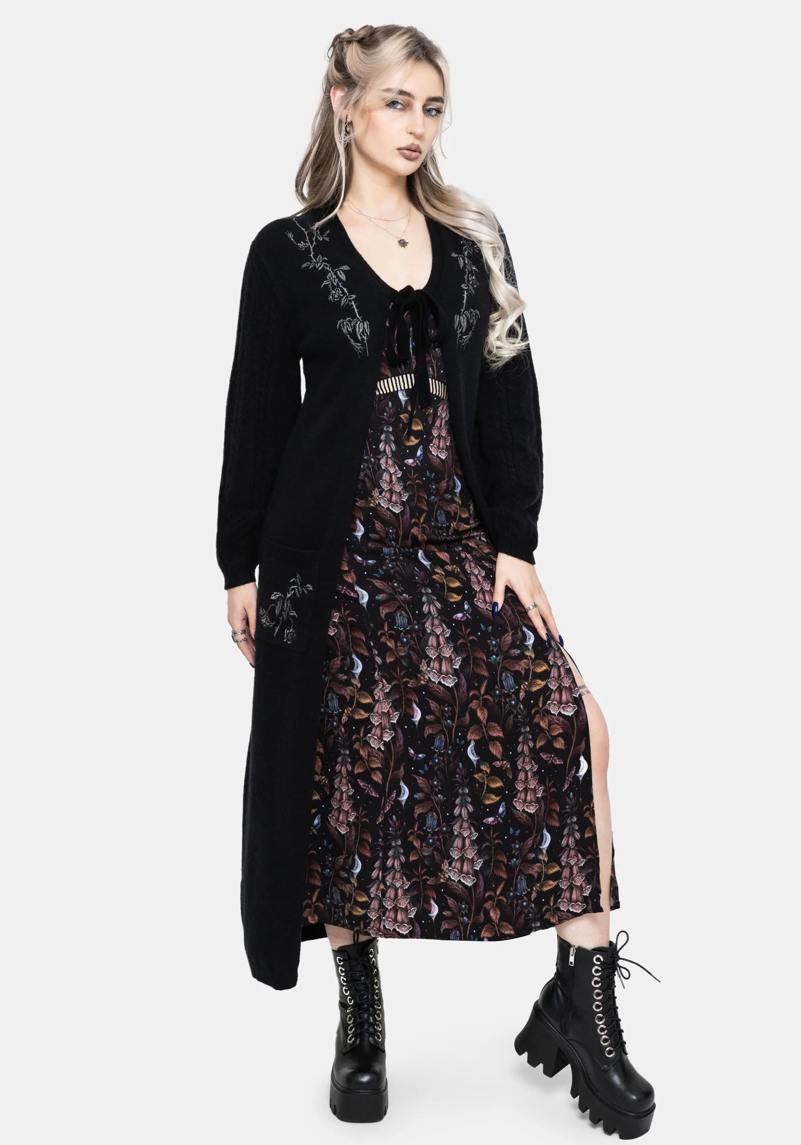 Rime Embroidered Cable Knit Sleeve Longline Cardigan