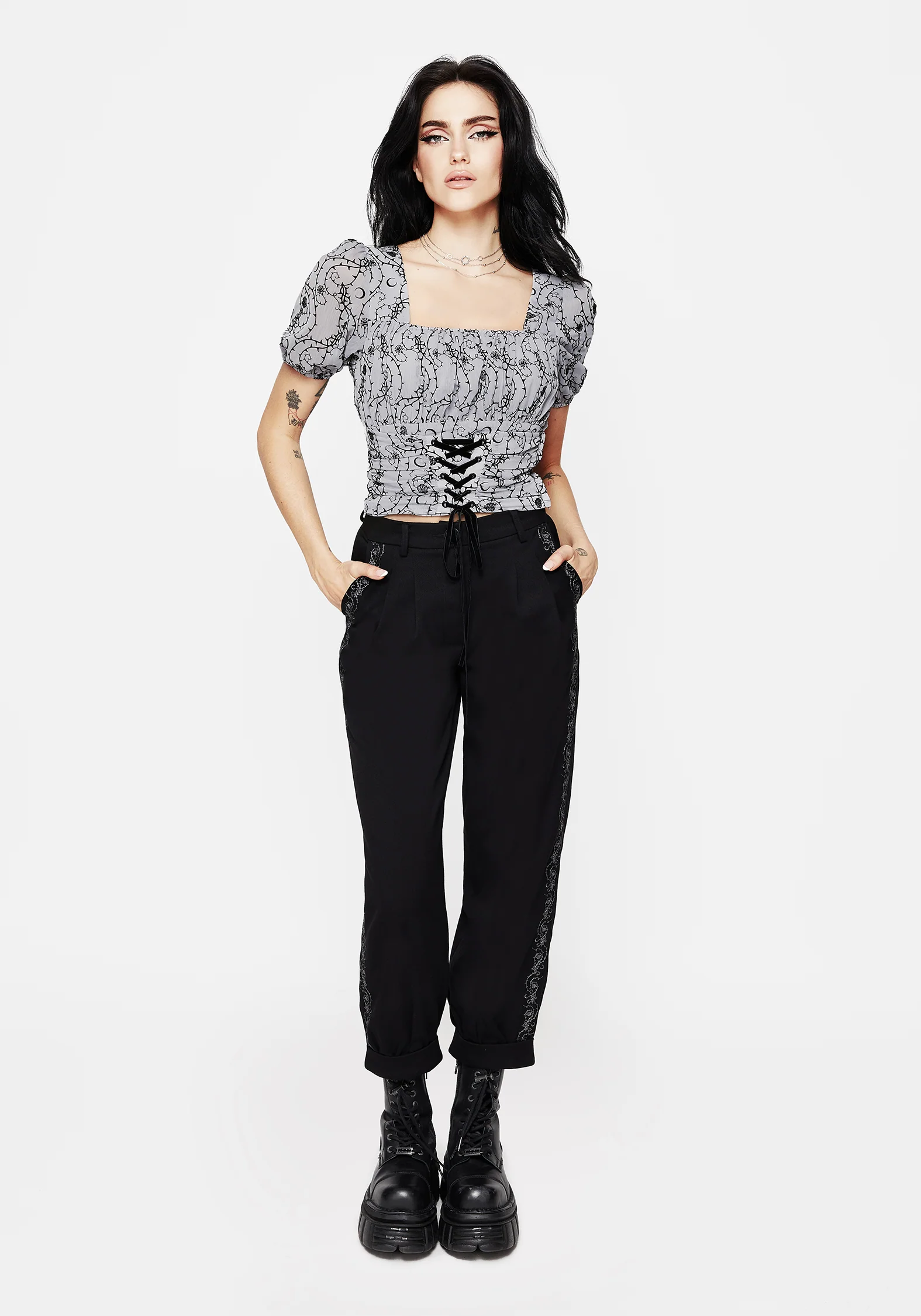 Rosethorn Flocked Velour Chiffon Corset Crop Top - Blue - Image 4