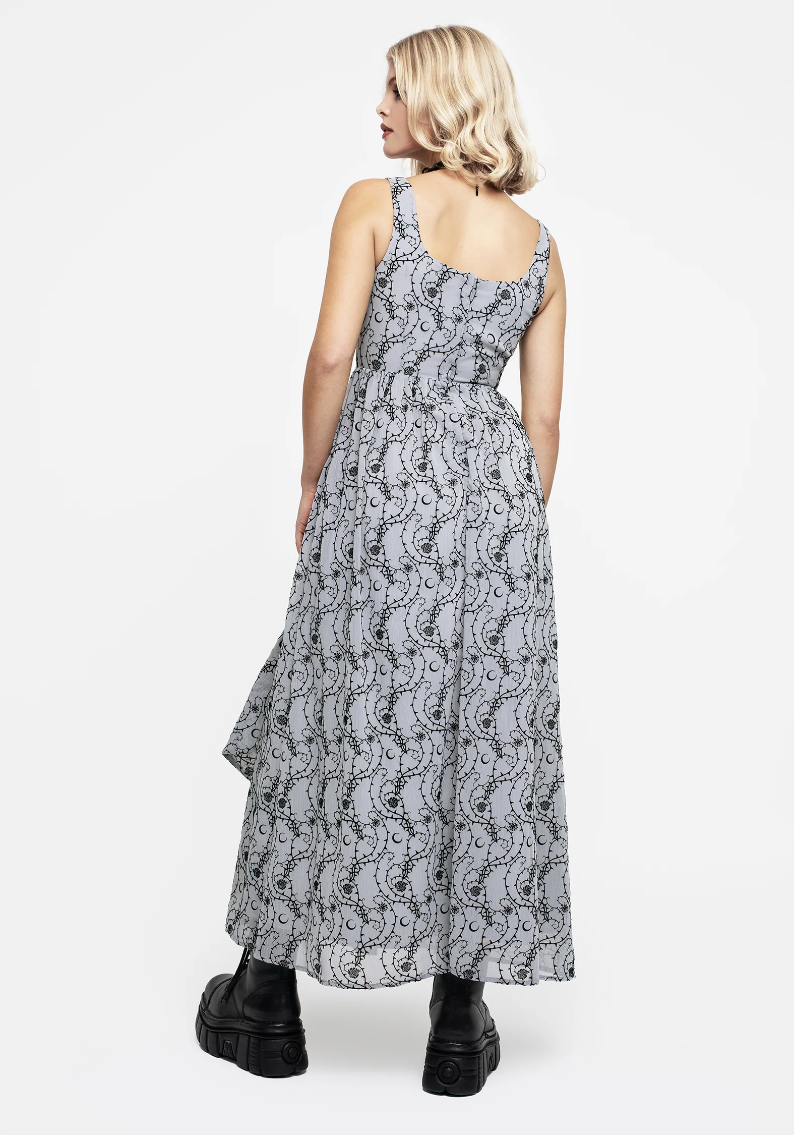 Rosethorn Flocked Velour Chiffon Ruffle Midaxi Dress - Blue - Image 3