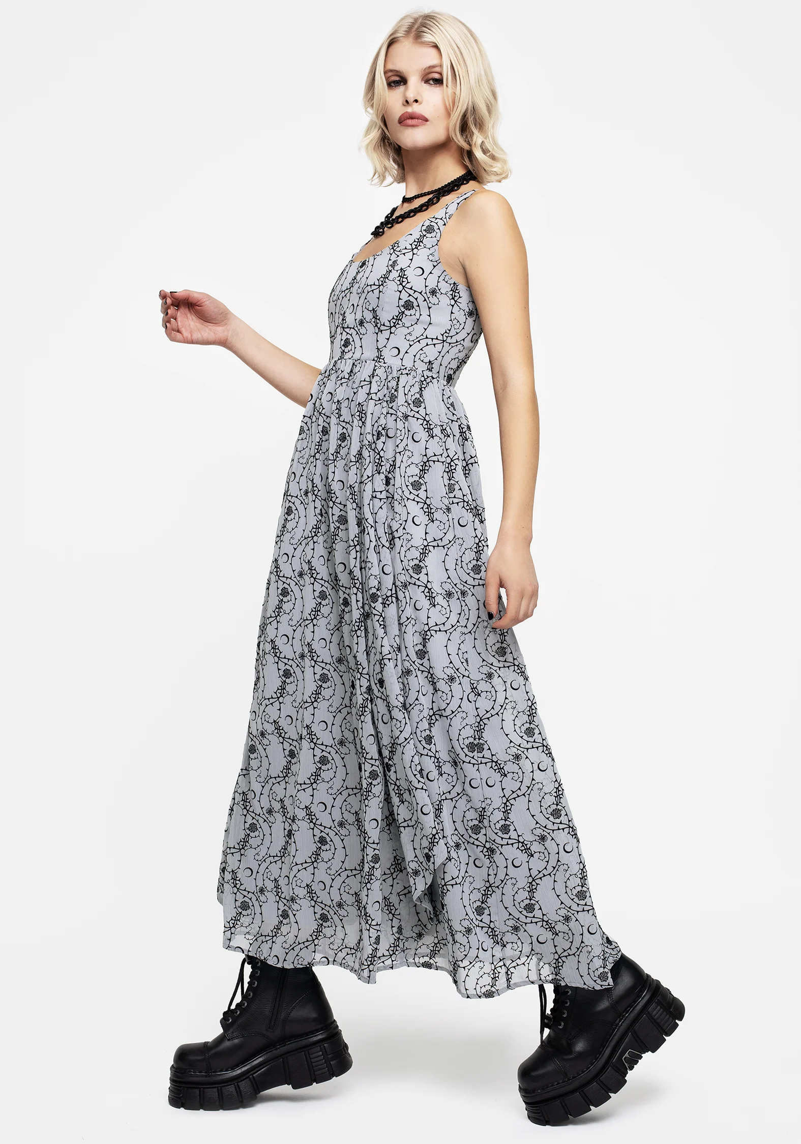 Rosethorn Flocked Velour Chiffon Ruffle Midaxi Dress - Blue - Image 4