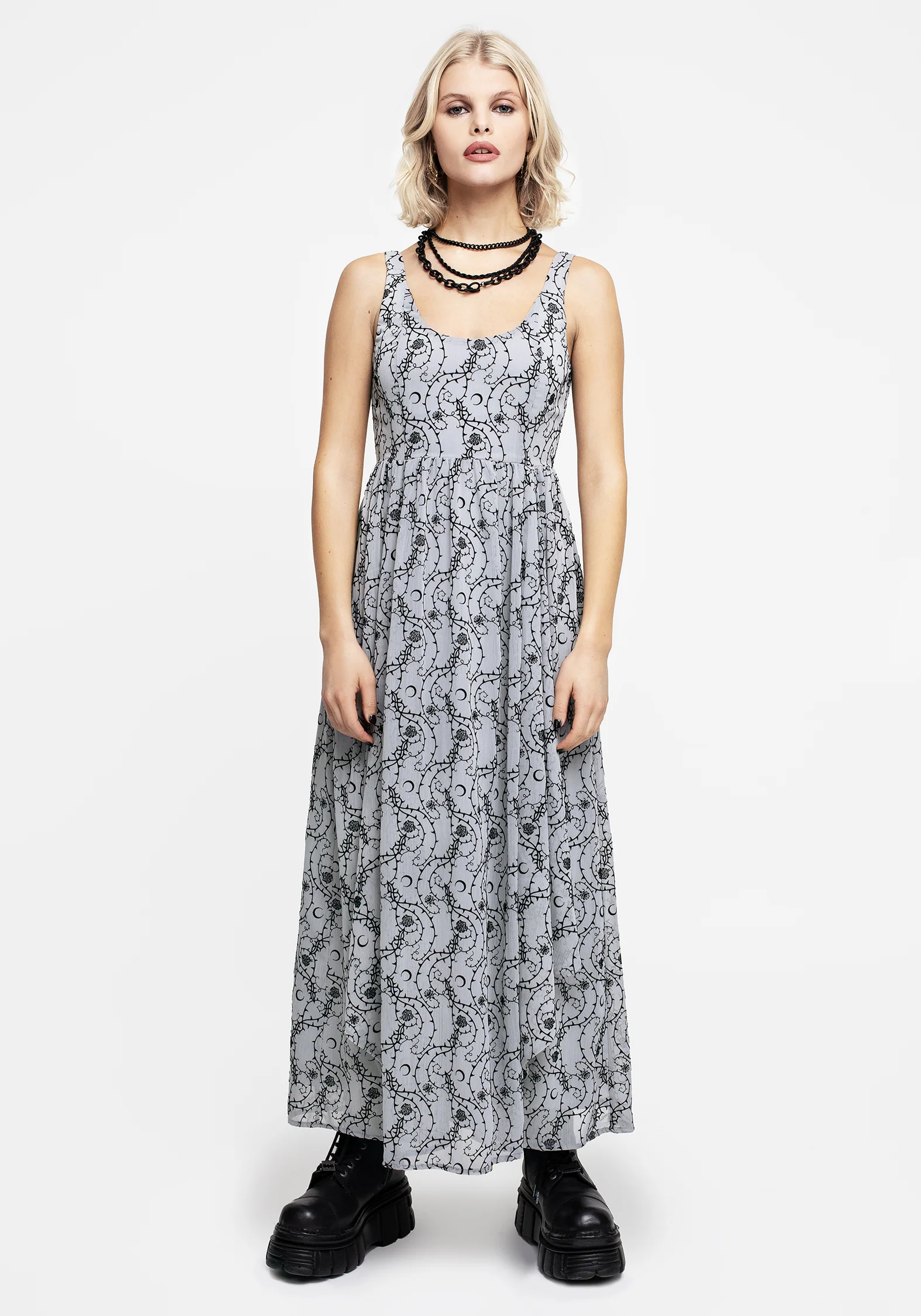 Rosethorn Flocked Velour Chiffon Ruffle Midaxi Dress - Blue - Image 6