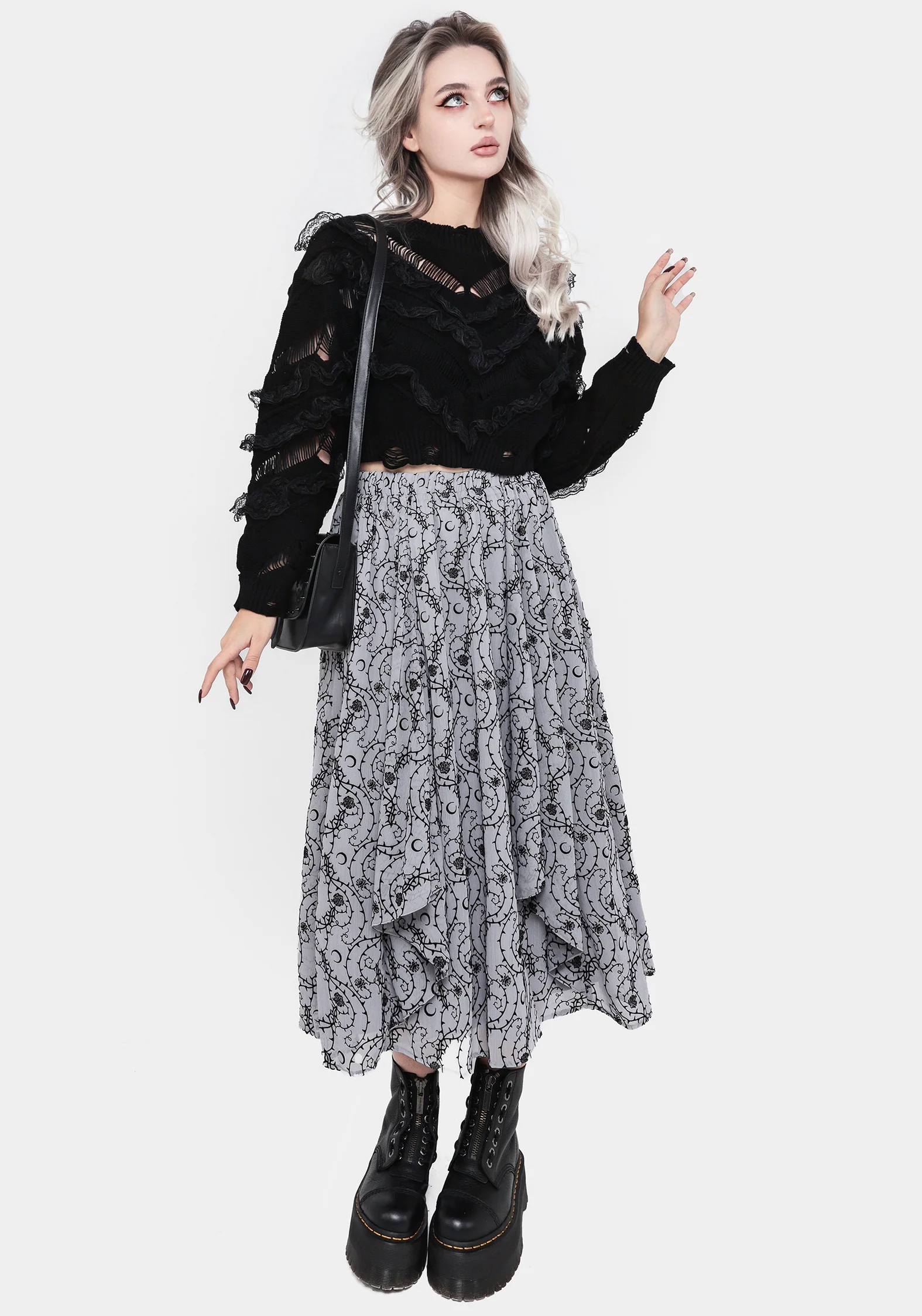 Rosethorn Flocked Velour Chiffon Ruffle Midi Skirt - Blue - Image 4