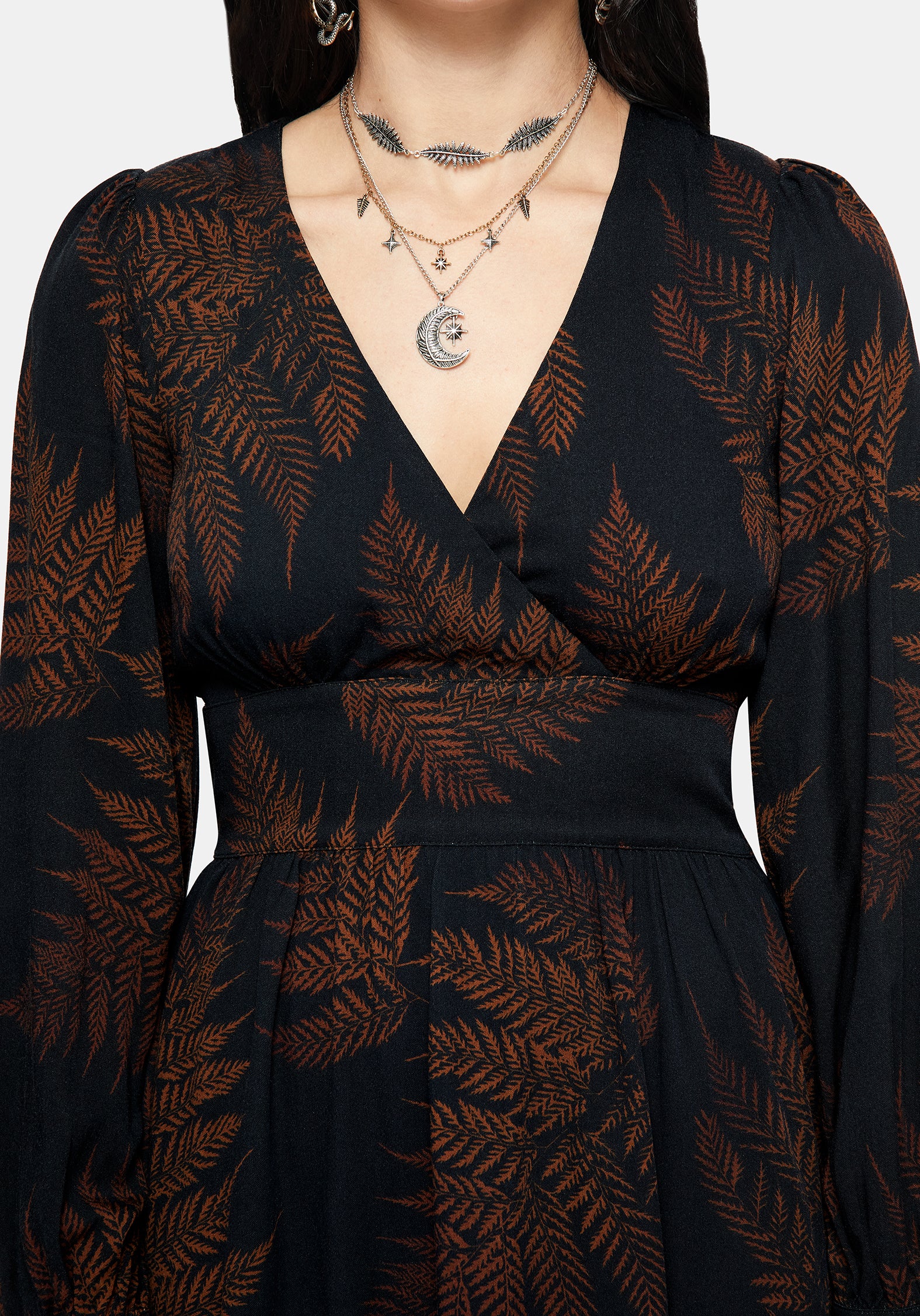 Ruin Fern Printed V-Neck Mini Dress - Brown - Image 2