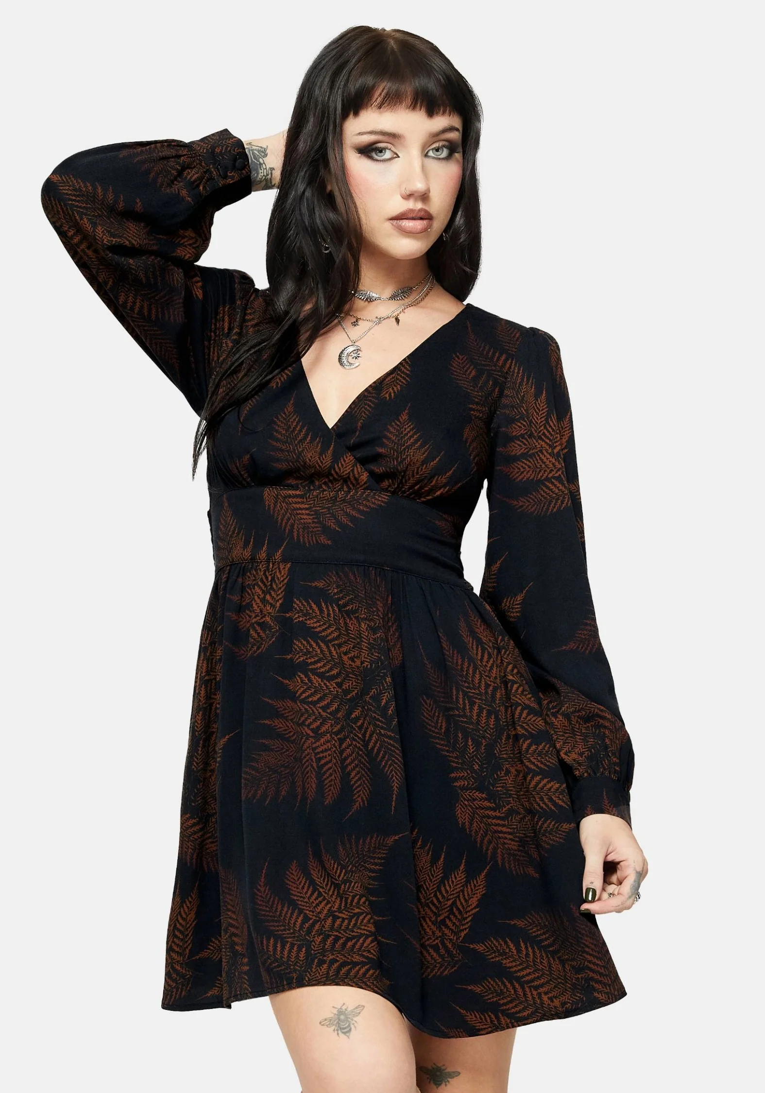 Ruin Fern Printed V-Neck Mini Dress - Brown - Image 4