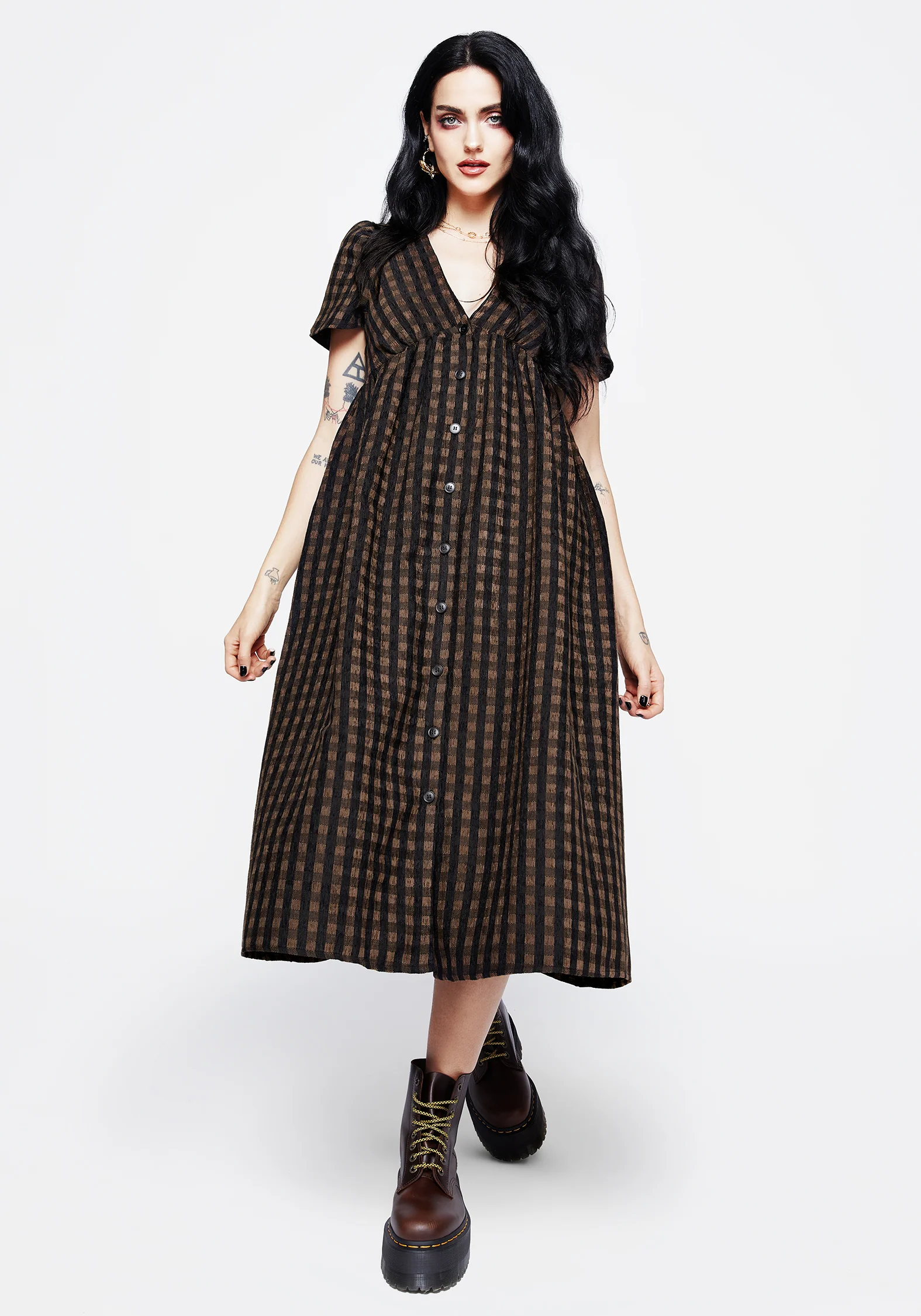 Rydal Check Button Up Midi Dress - Brown - Image 6