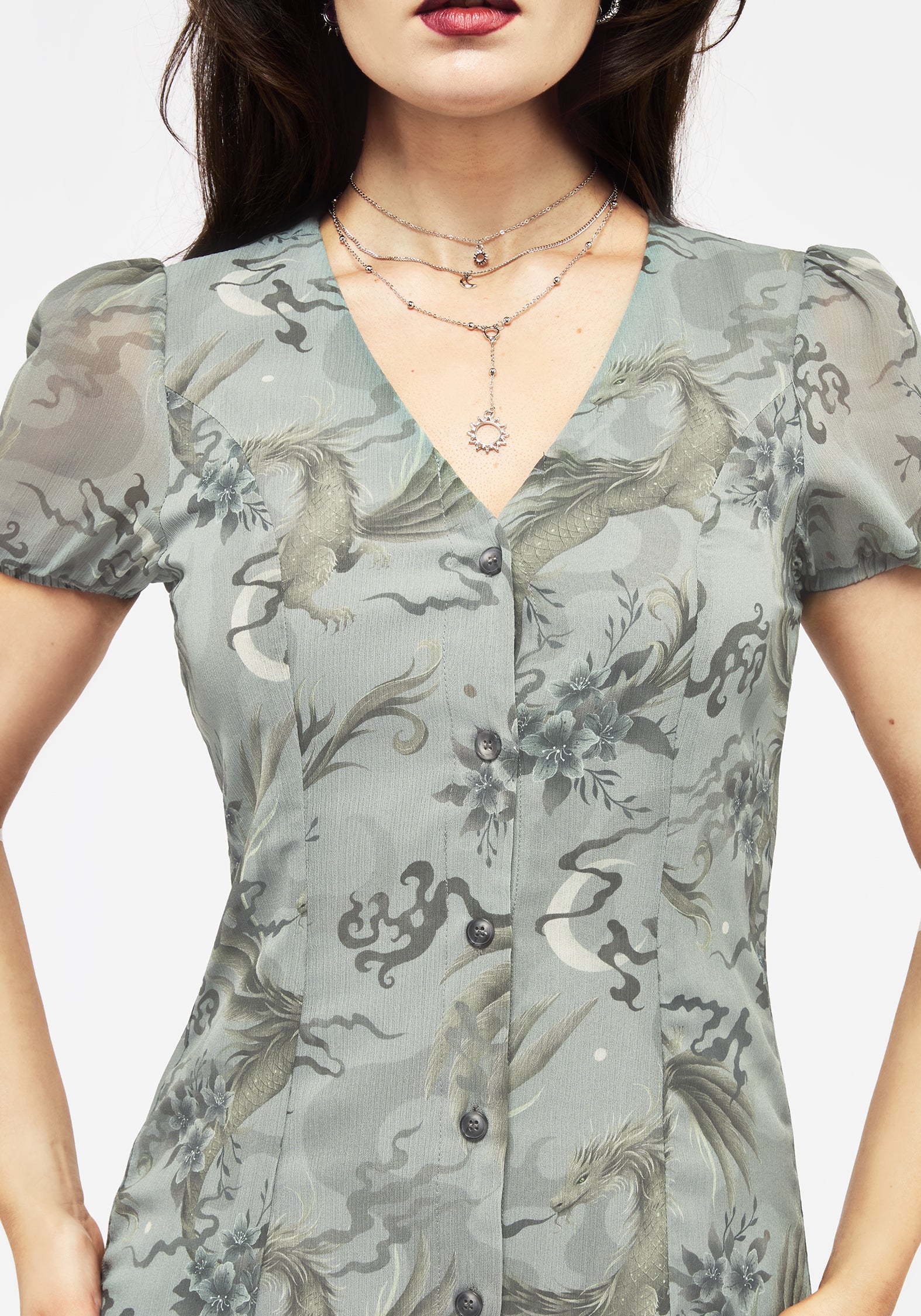 Sapphira Dragon Print Chiffon Button Up Midi Dress - Image 2