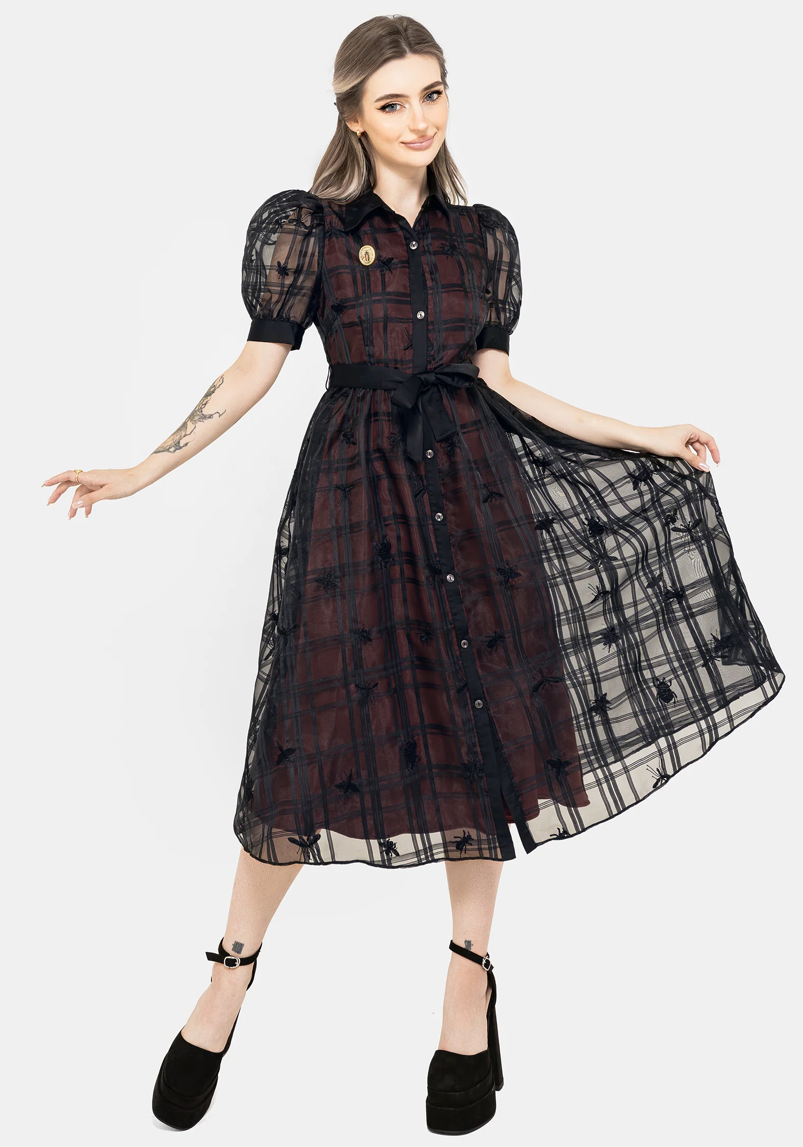 Sedona Organza Check Embroidered Puff Sleeve Midi Shirt Dress - Image 5