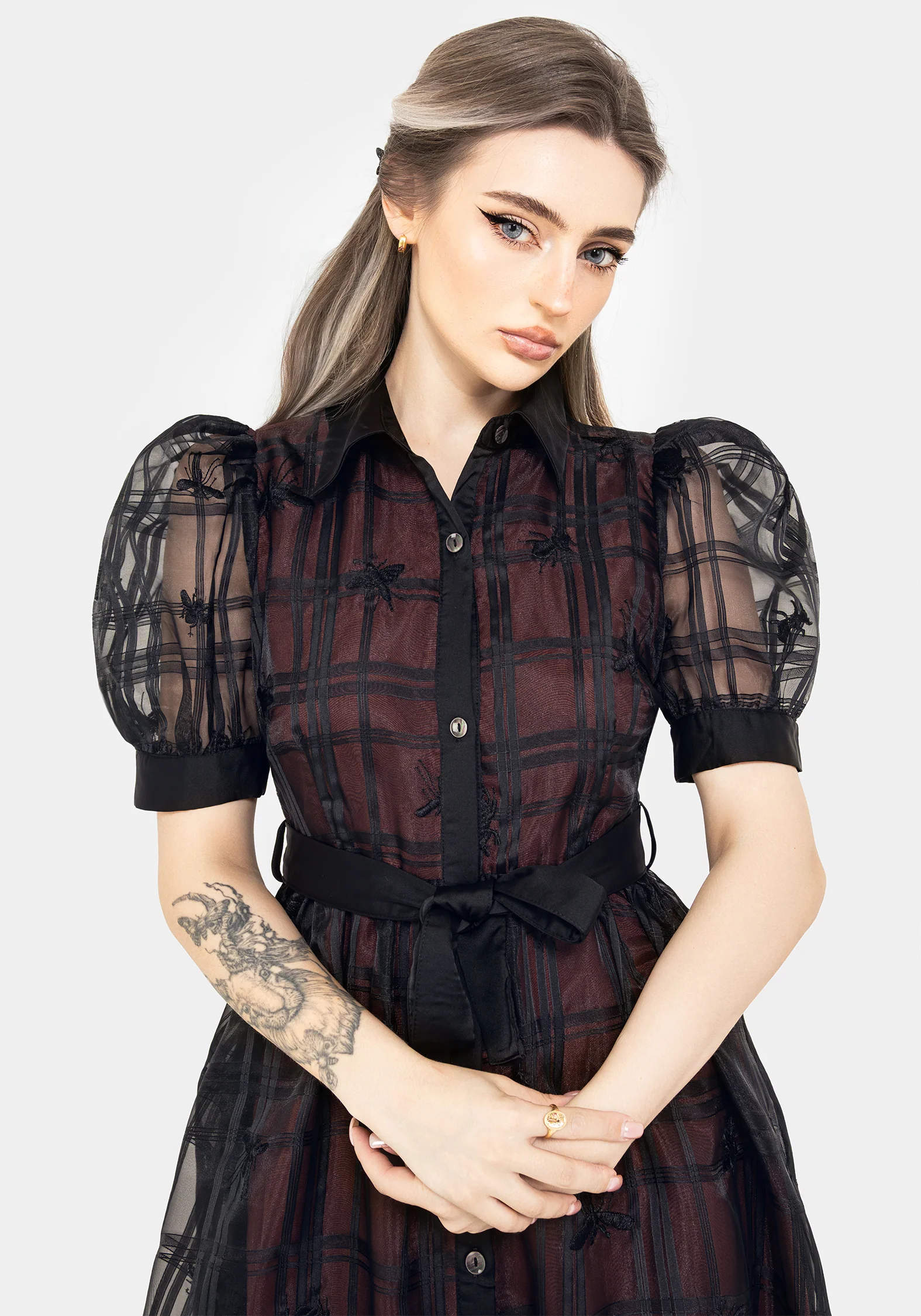 Sedona Organza Check Embroidered Puff Sleeve Midi Shirt Dress - Image 6
