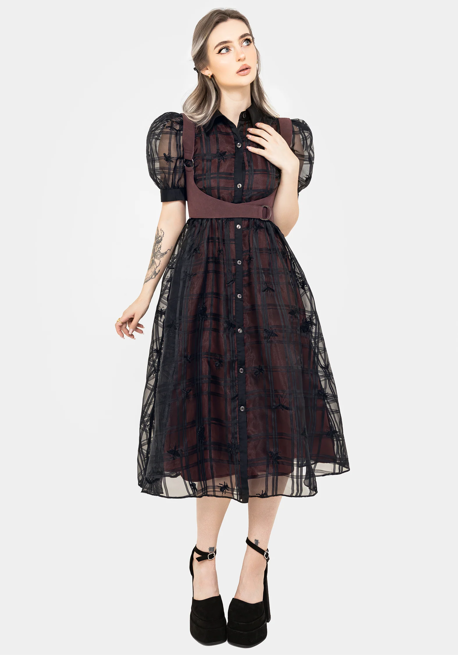 Sedona Organza Check Embroidered Puff Sleeve Midi Shirt Dress - Image 7