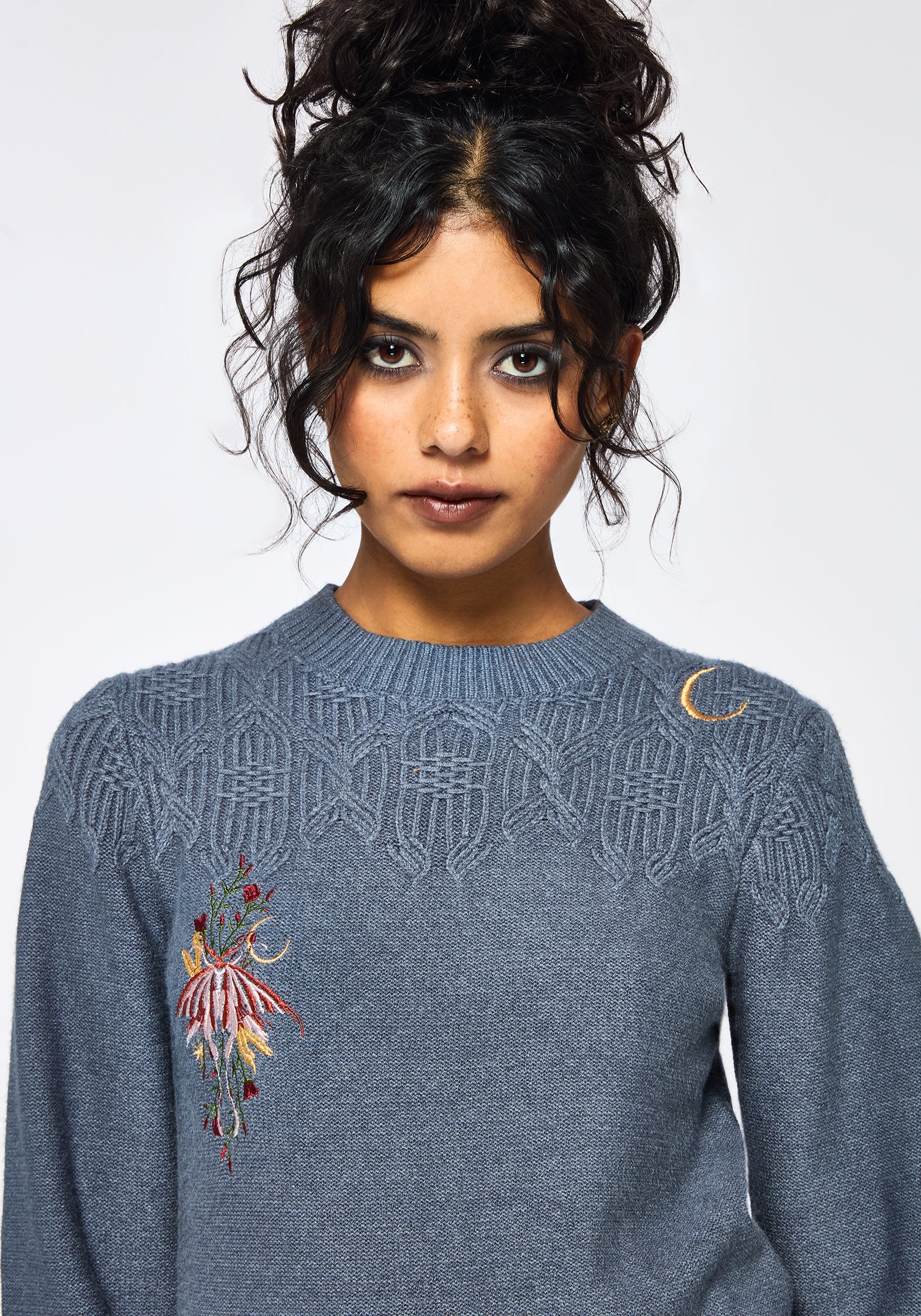 Selenia Moth Embroidered Cable Twist Knit Sweater - Blue - Image 4