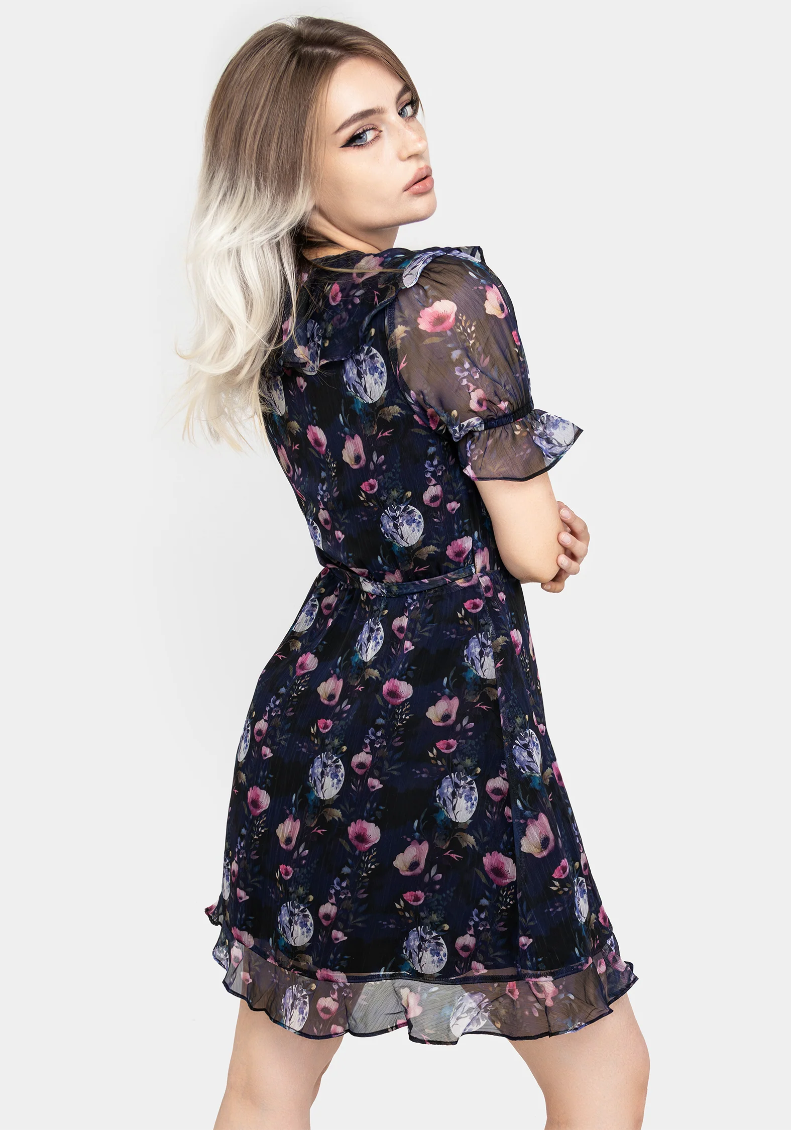 Socordia Floral Moon Chiffon Frill Wrap Mini Dress - Image 3