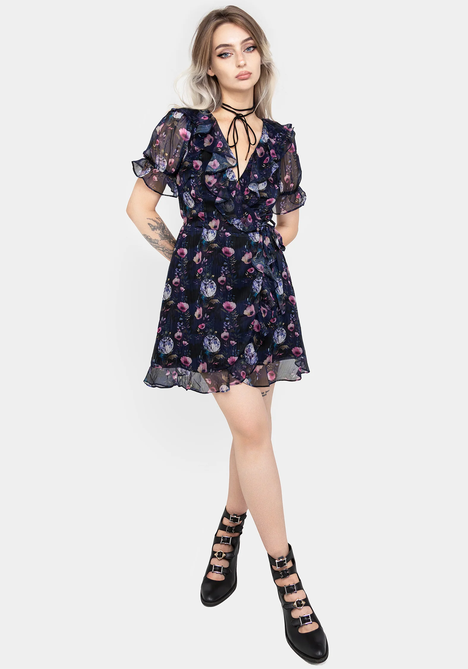 Socordia Floral Moon Chiffon Frill Wrap Mini Dress - Image 6