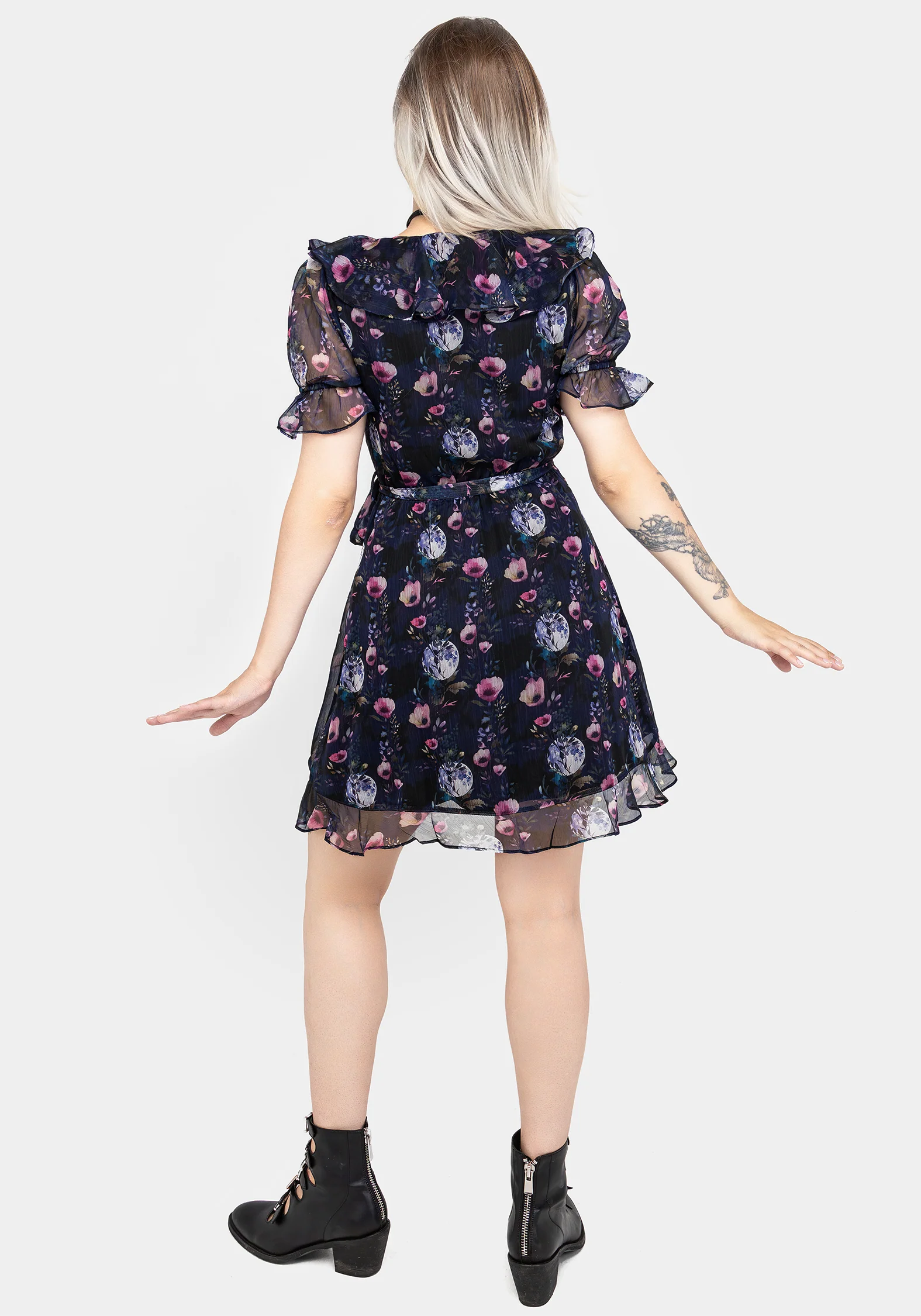 Socordia Floral Moon Chiffon Frill Wrap Mini Dress - Image 7