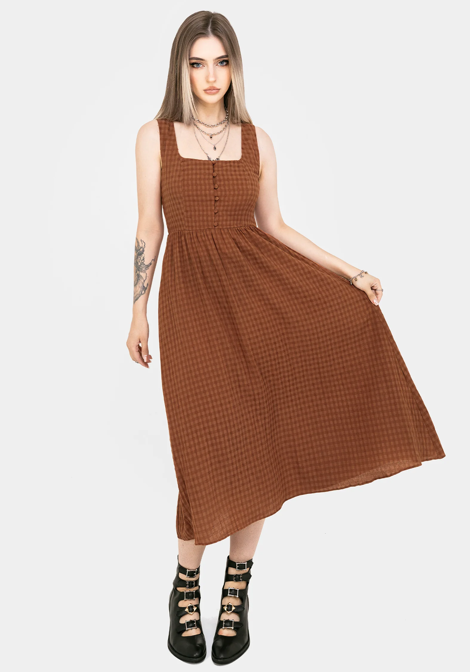 Soleil Cotton-Blend Check Cami Midi Dress - Image 2