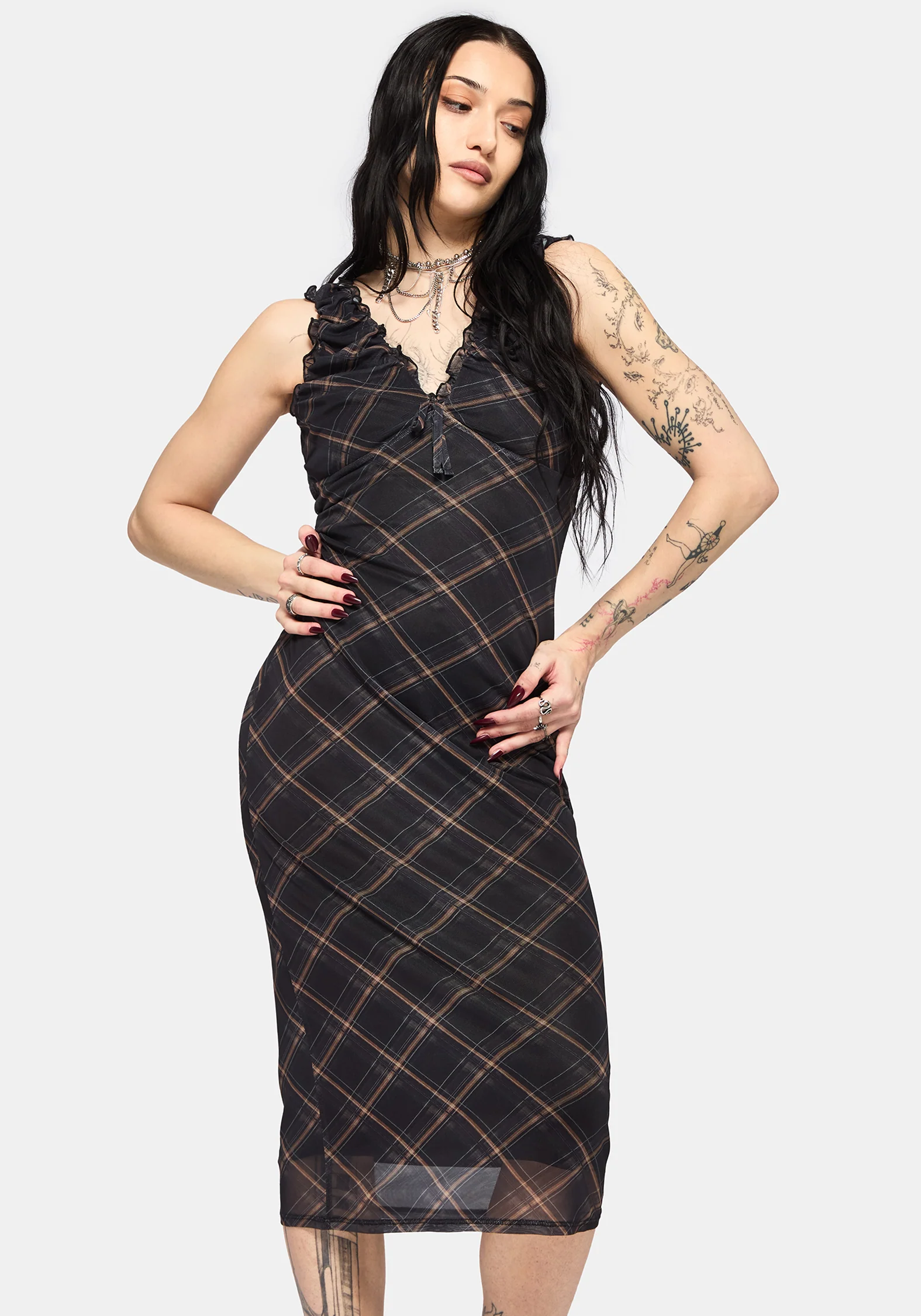 Sorrowelle Checked Mesh Midi Dress - Image 6