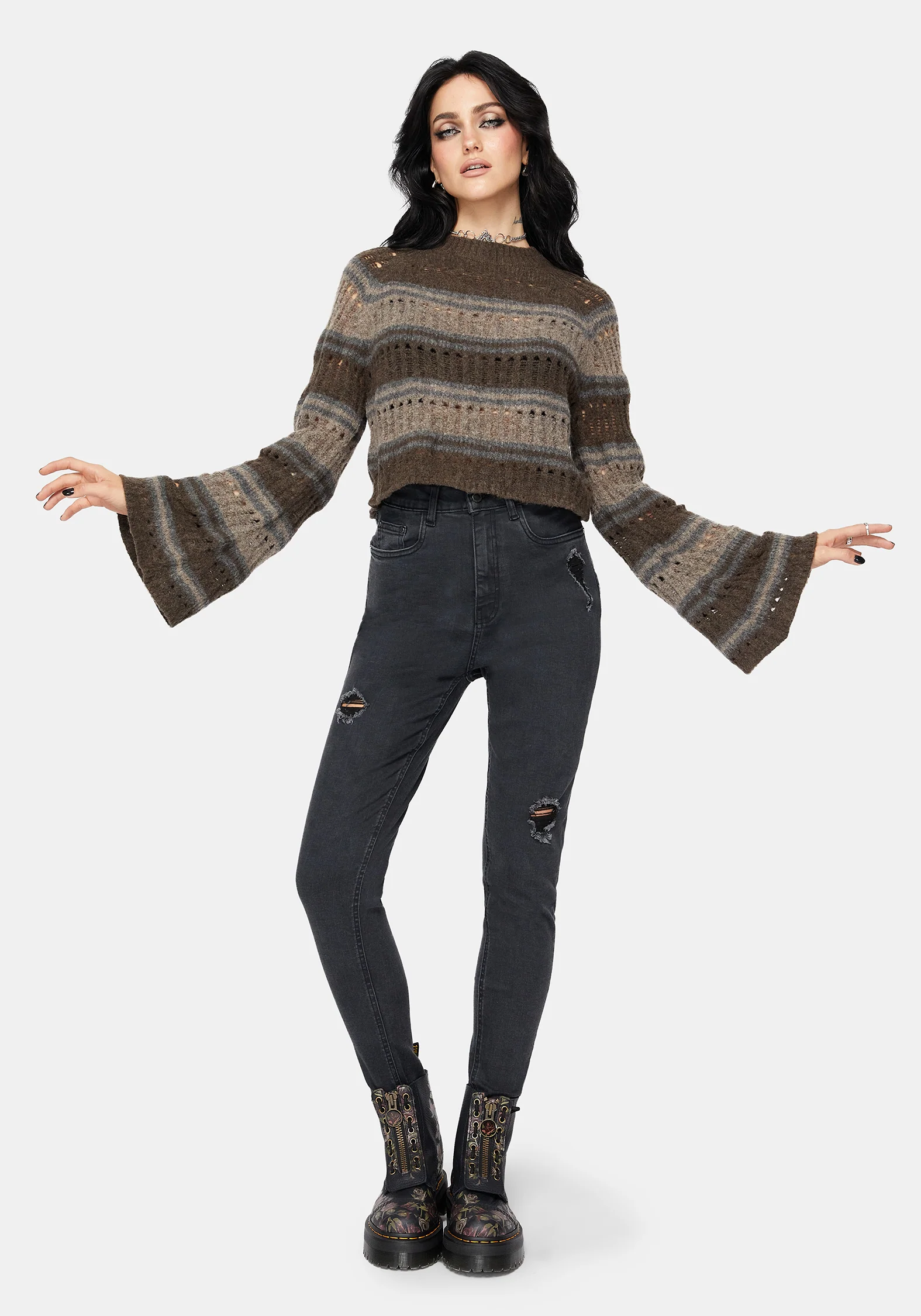 Splinter Stripe Knit Flare Sleeve Crop Sweater - Brown - Image 6