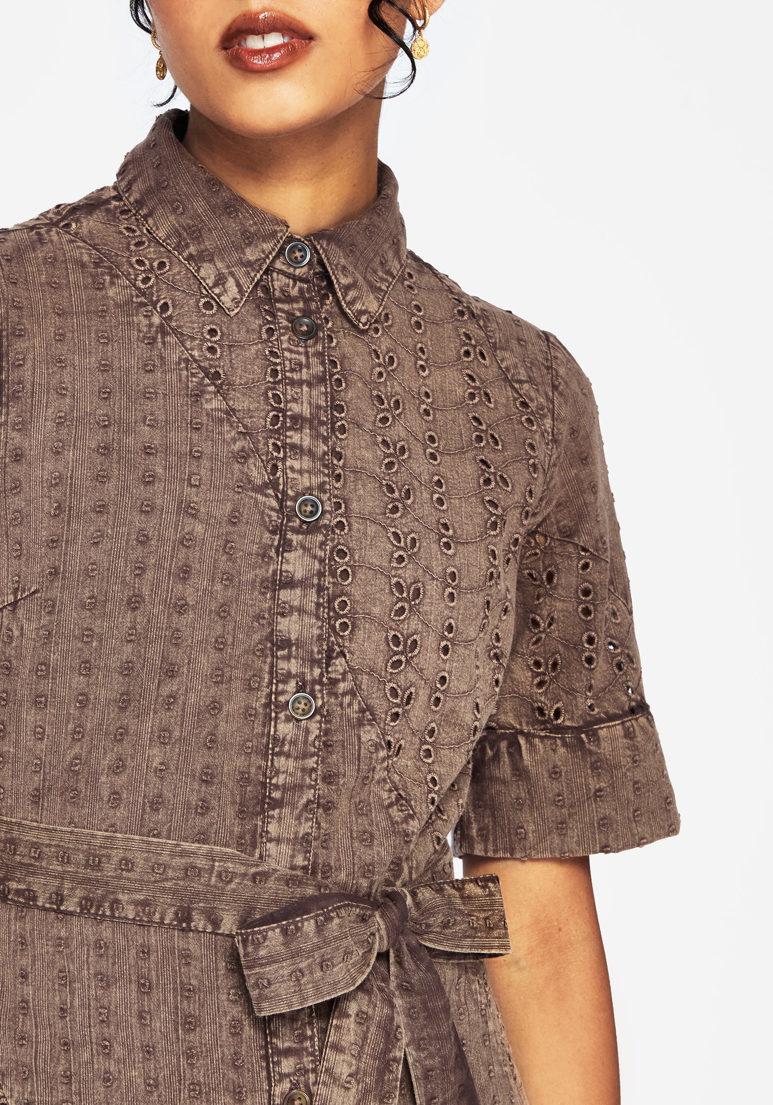 Summerisle Cotton Broderie Detail Tie Wrap Midi Shirt Dress - Image 2