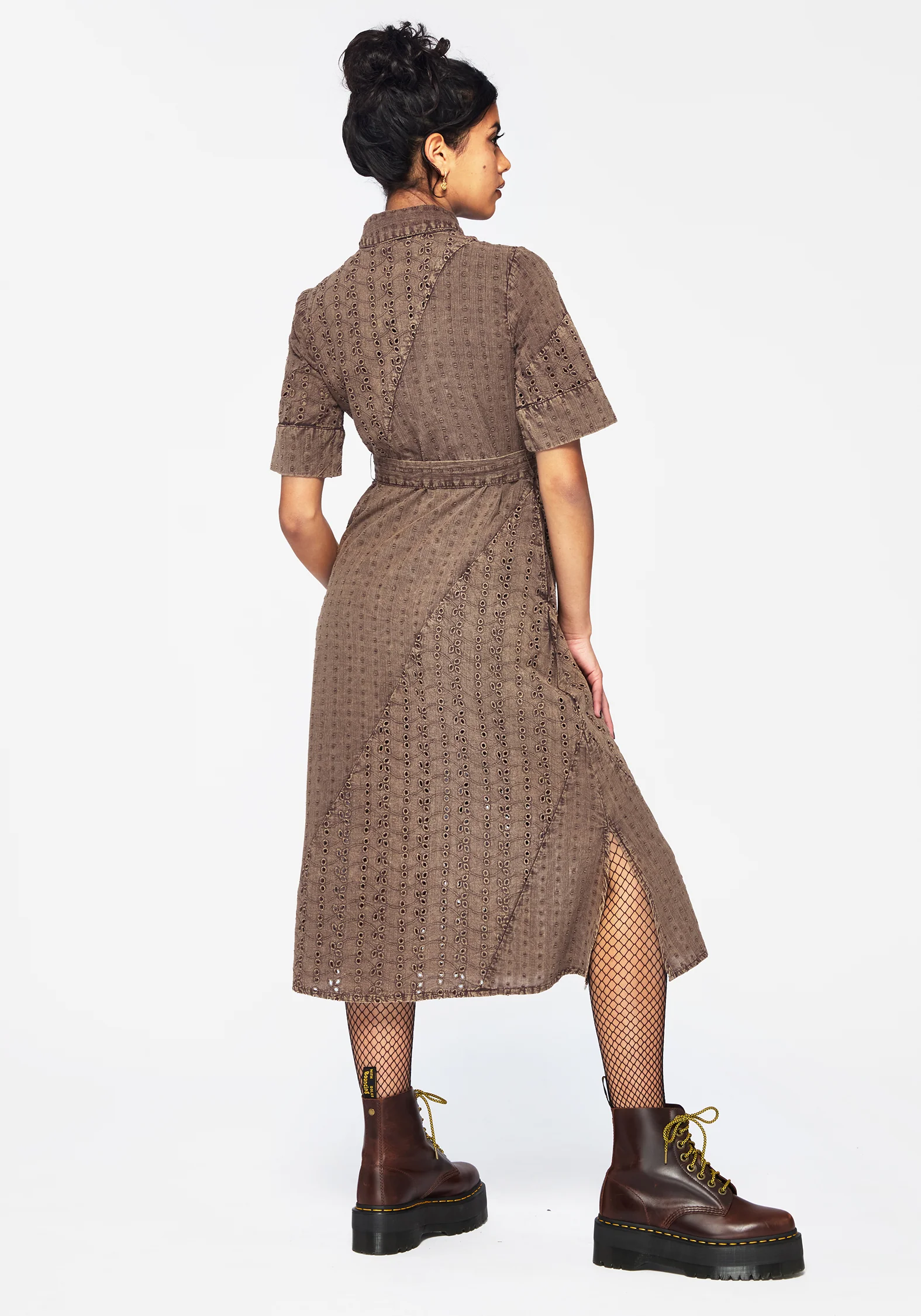 Summerisle Cotton Broderie Detail Tie Wrap Midi Shirt Dress - Image 3