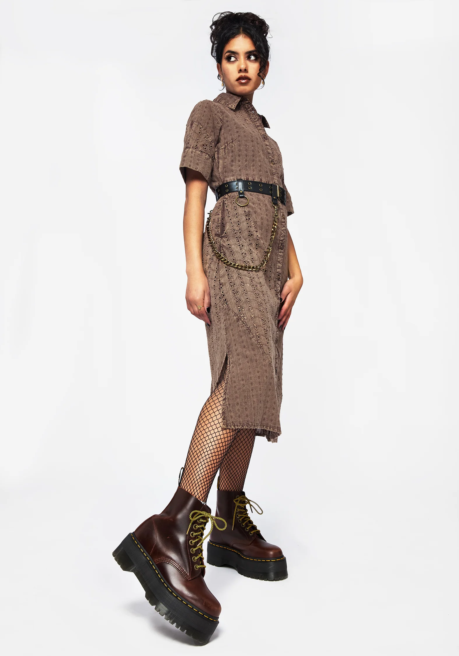 Summerisle Cotton Broderie Detail Tie Wrap Midi Shirt Dress - Image 6