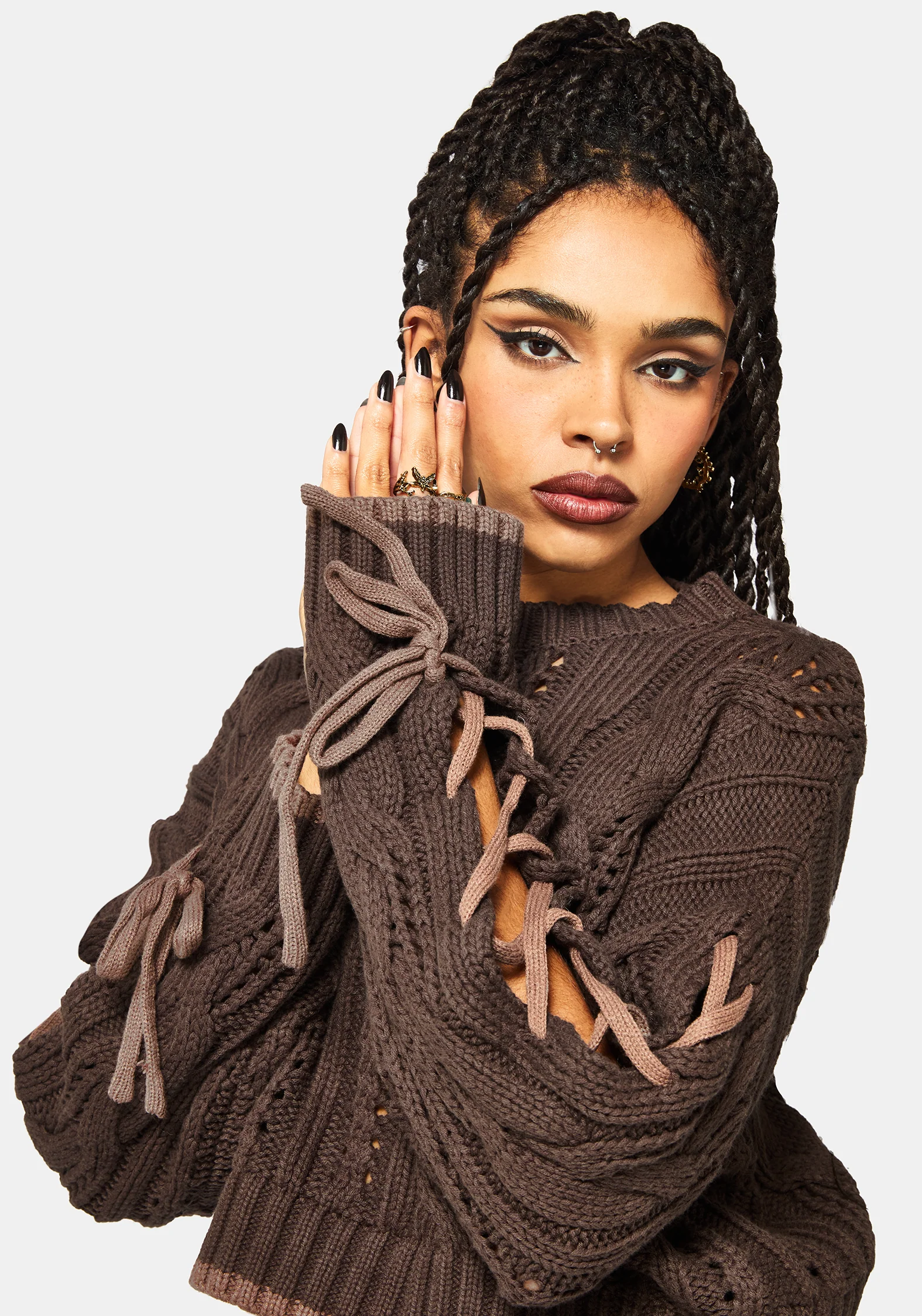 Sycamore Cotton Lace Up Sleeve Cable Knit Crop Sweater - Brown - Image 2
