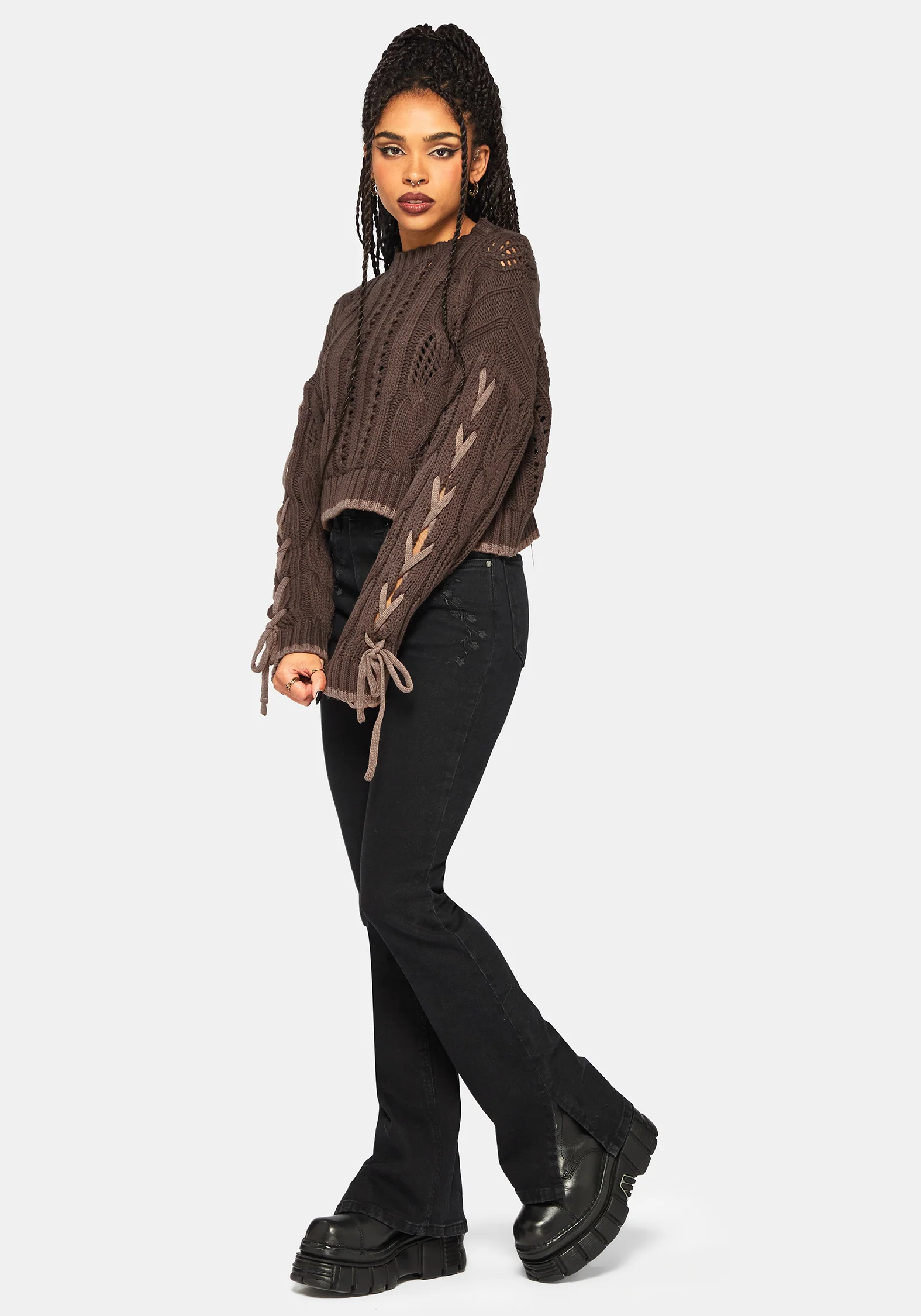 Sycamore Cotton Lace Up Sleeve Cable Knit Crop Sweater - Brown - Image 6