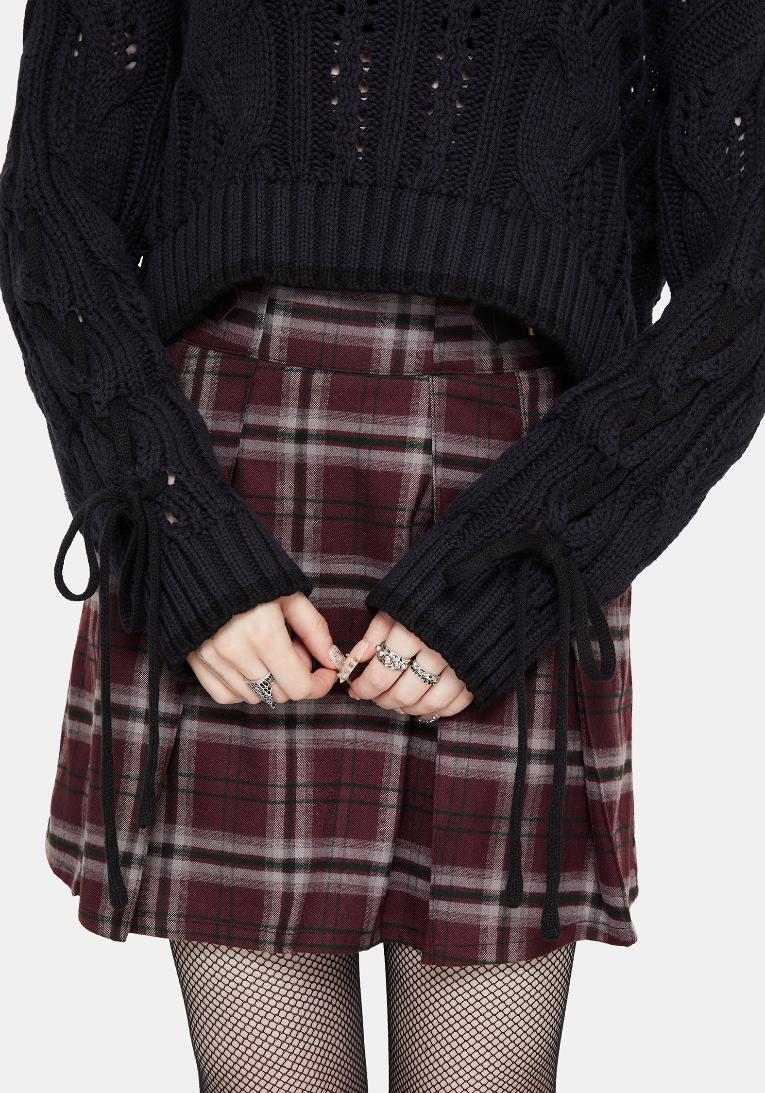 Sycamore Cotton Lace Up Sleeve Cable Knit Crop Sweater - Navy - Image 2
