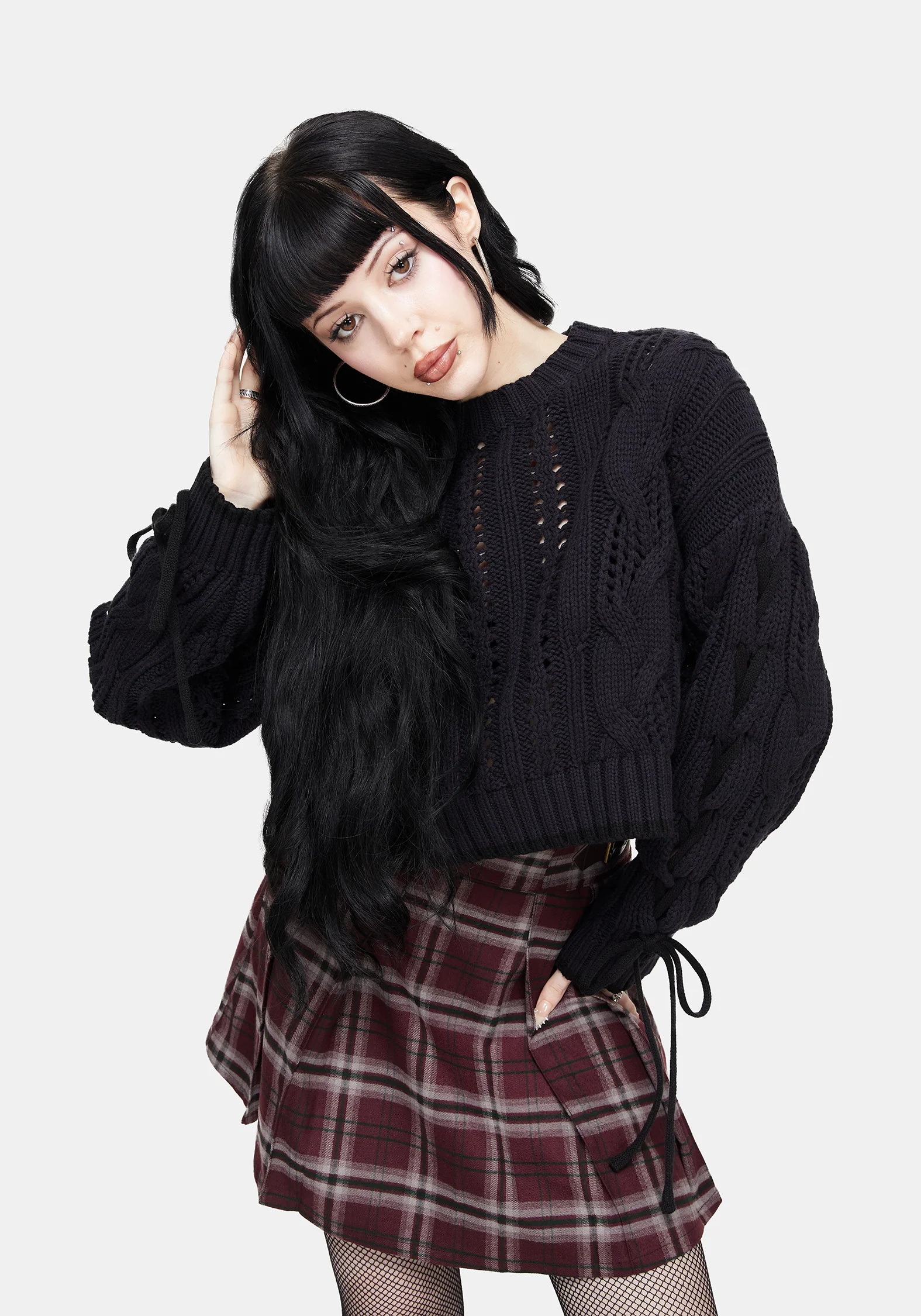 Sycamore Cotton Lace Up Sleeve Cable Knit Crop Sweater - Navy - Image 4